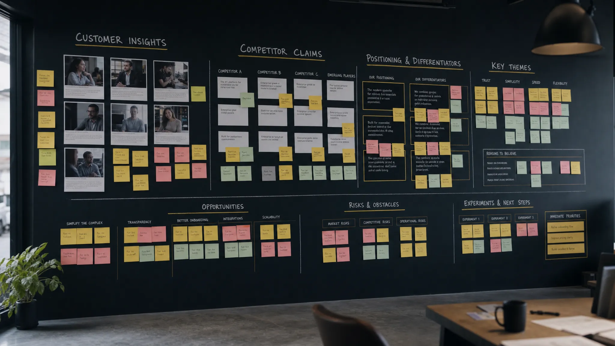 A wide view of a strategy wall covered with customer insights, competitor claims, positioning notes, and grouped sticky notes, organized into clear themes for a growing challenger business.