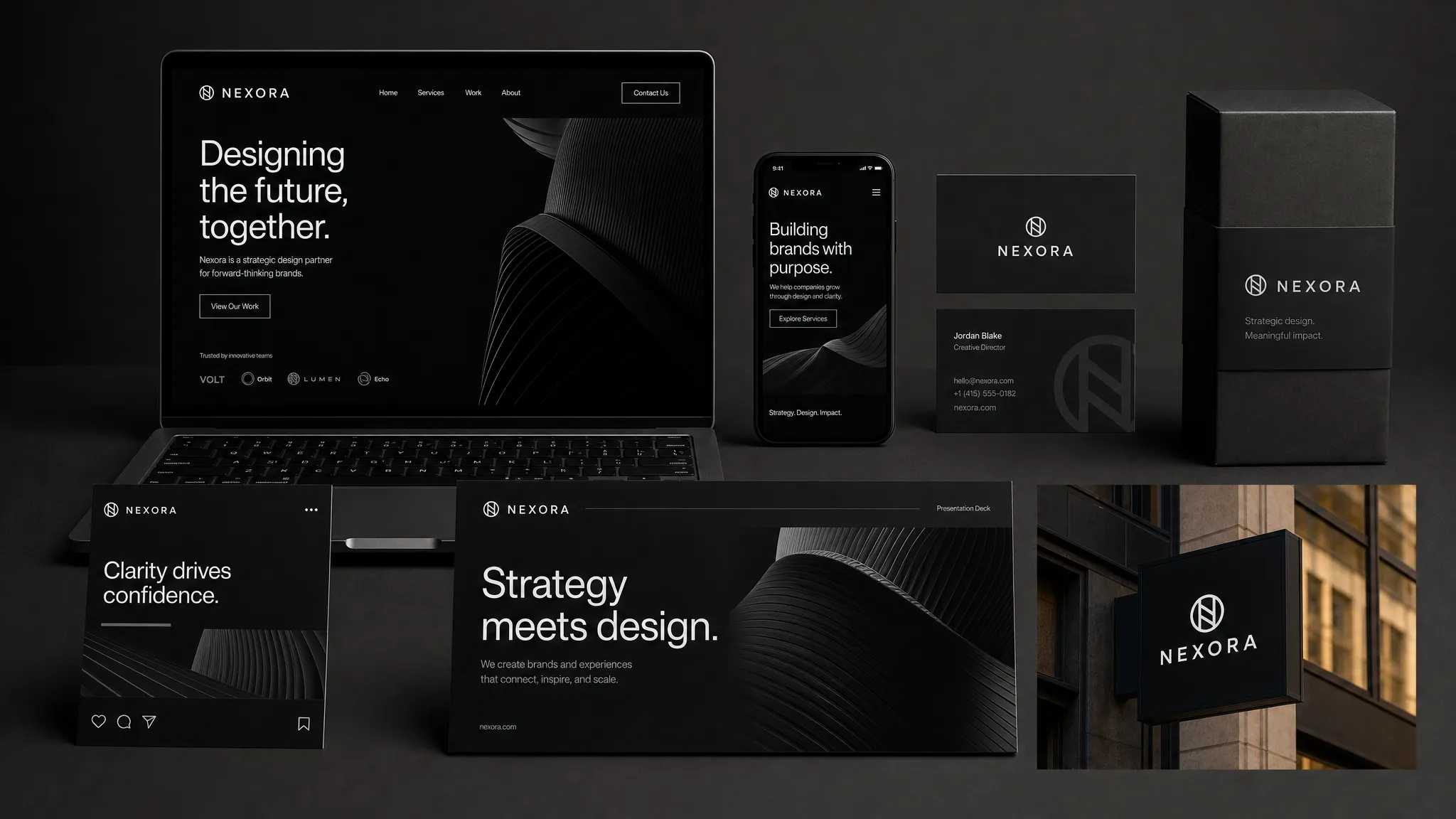 A visual identity system shown across a website homepage, mobile app screen, business card, packaging, social post, sales deck and outdoor sign, all arranged as coordinated touchpoints with consistent logo versions, typography and image language.