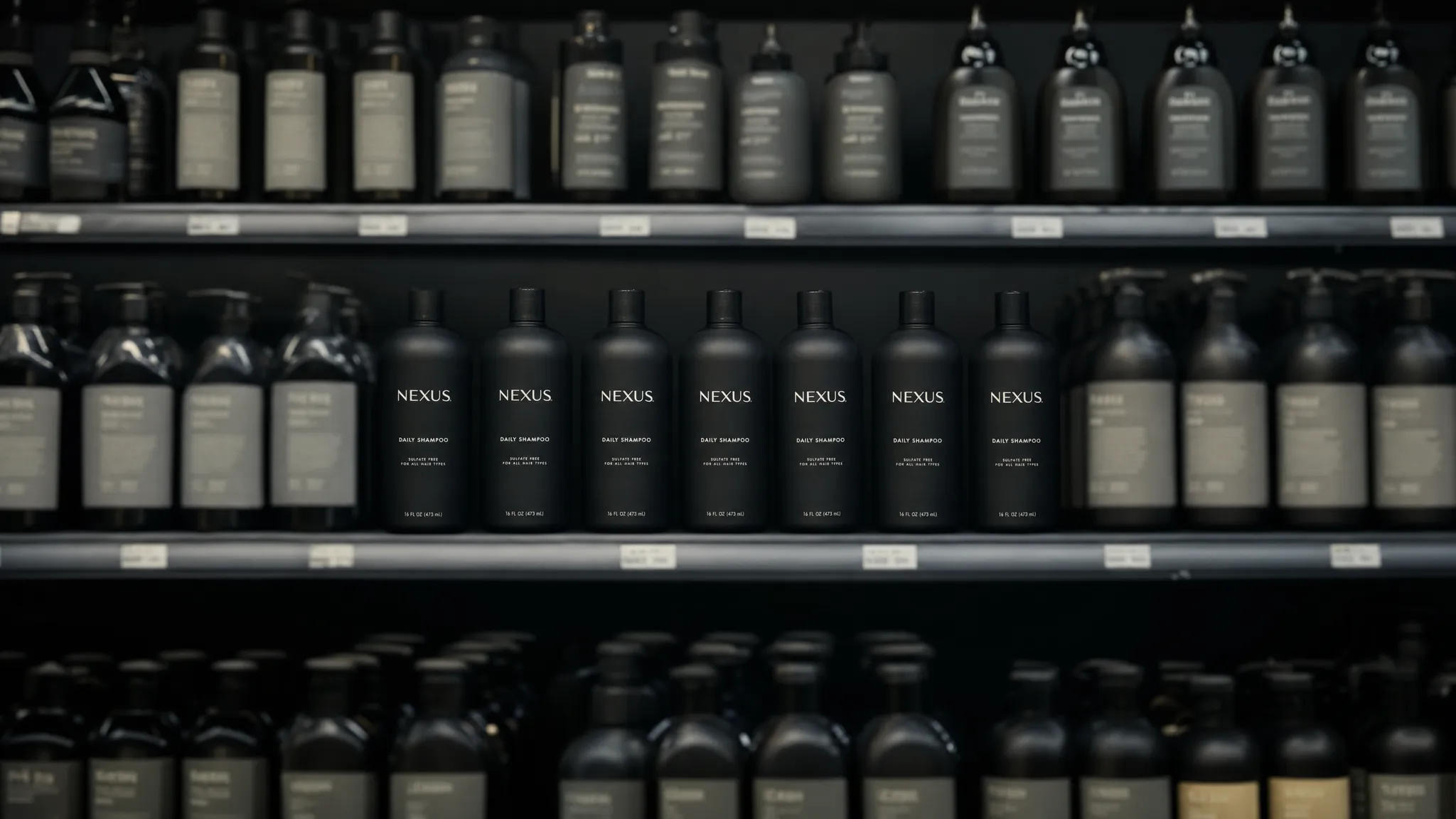 A supermarket shelf of similar consumer products with one standout brand repeated in matching packaging shapes and simple labels, making it easy to spot among the crowd.