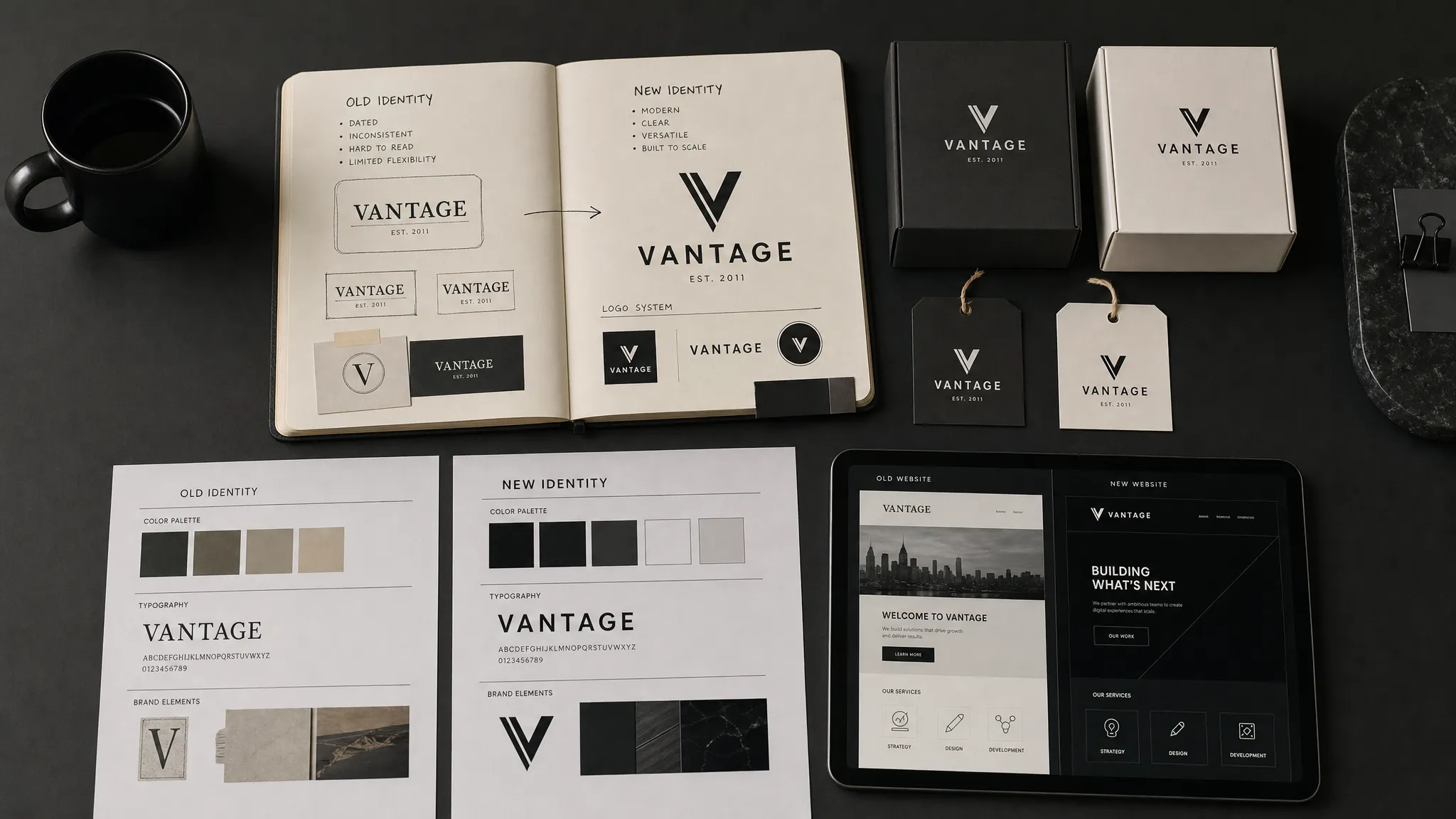 An overhead scene showing brand strategy notes, packaging mockups, and website wireframes arranged to compare an older identity with a clearer modern brand system.