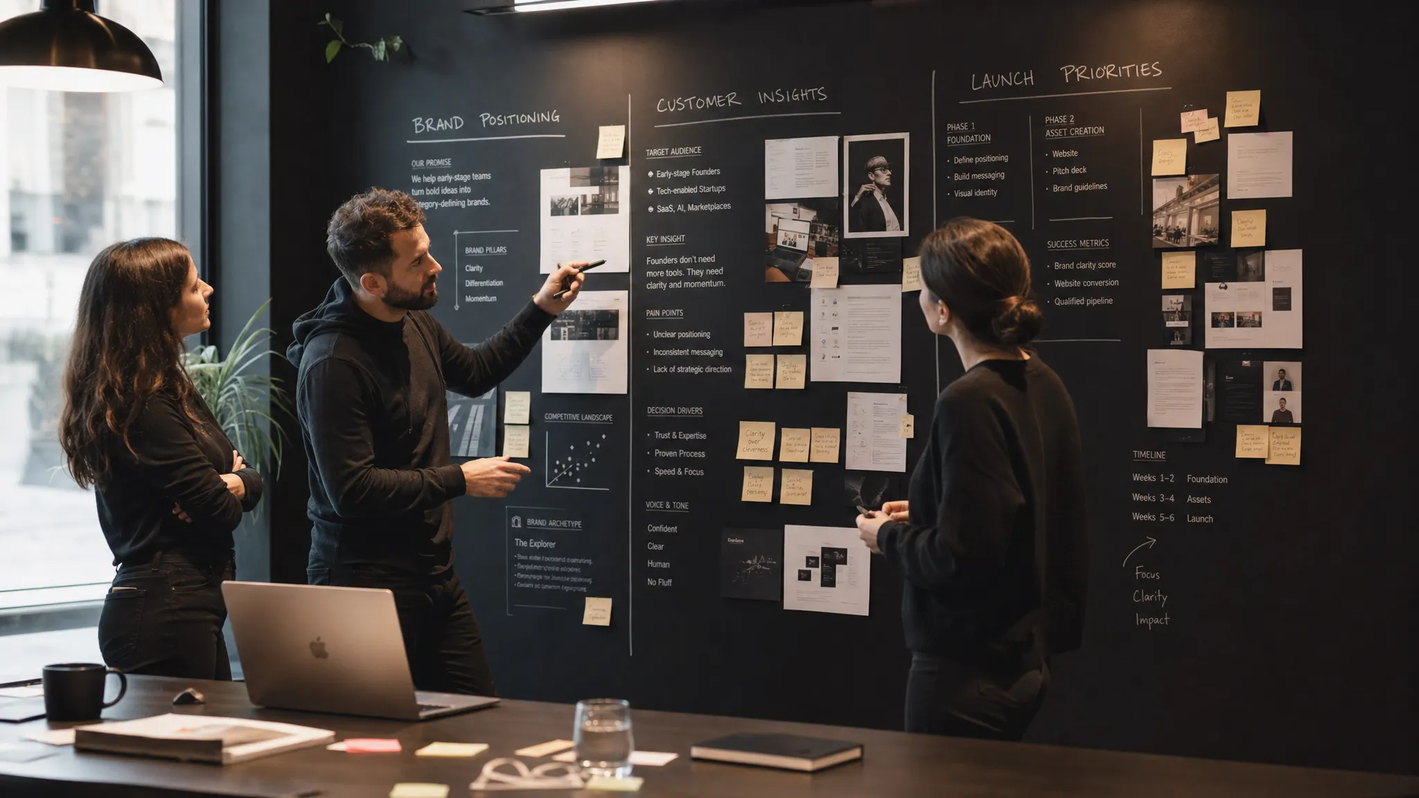 A startup founder and agency strategists reviewing a large wall of brand positioning notes, customer insights, and launch priorities during a collaborative workshop.