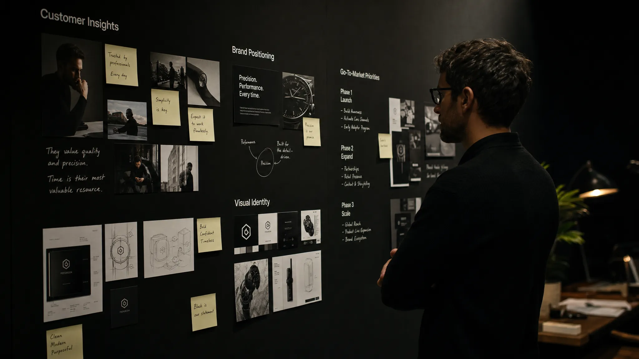 A brand strategy wall covered with customer insights, visual identity sketches, and go-to-market priorities, viewed from the side in a dark studio environment.
