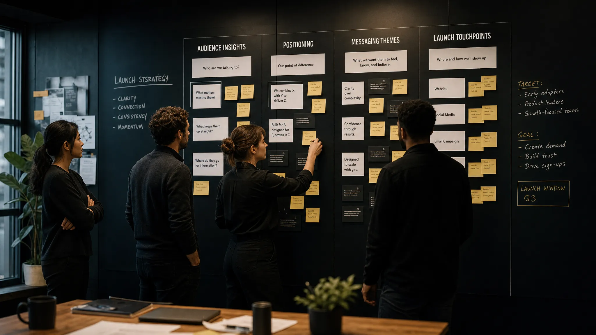 A startup team standing beside a large strategy wall, arranging audience insights, positioning statements, messaging themes, and launch touchpoints across overlapping notes and cards.