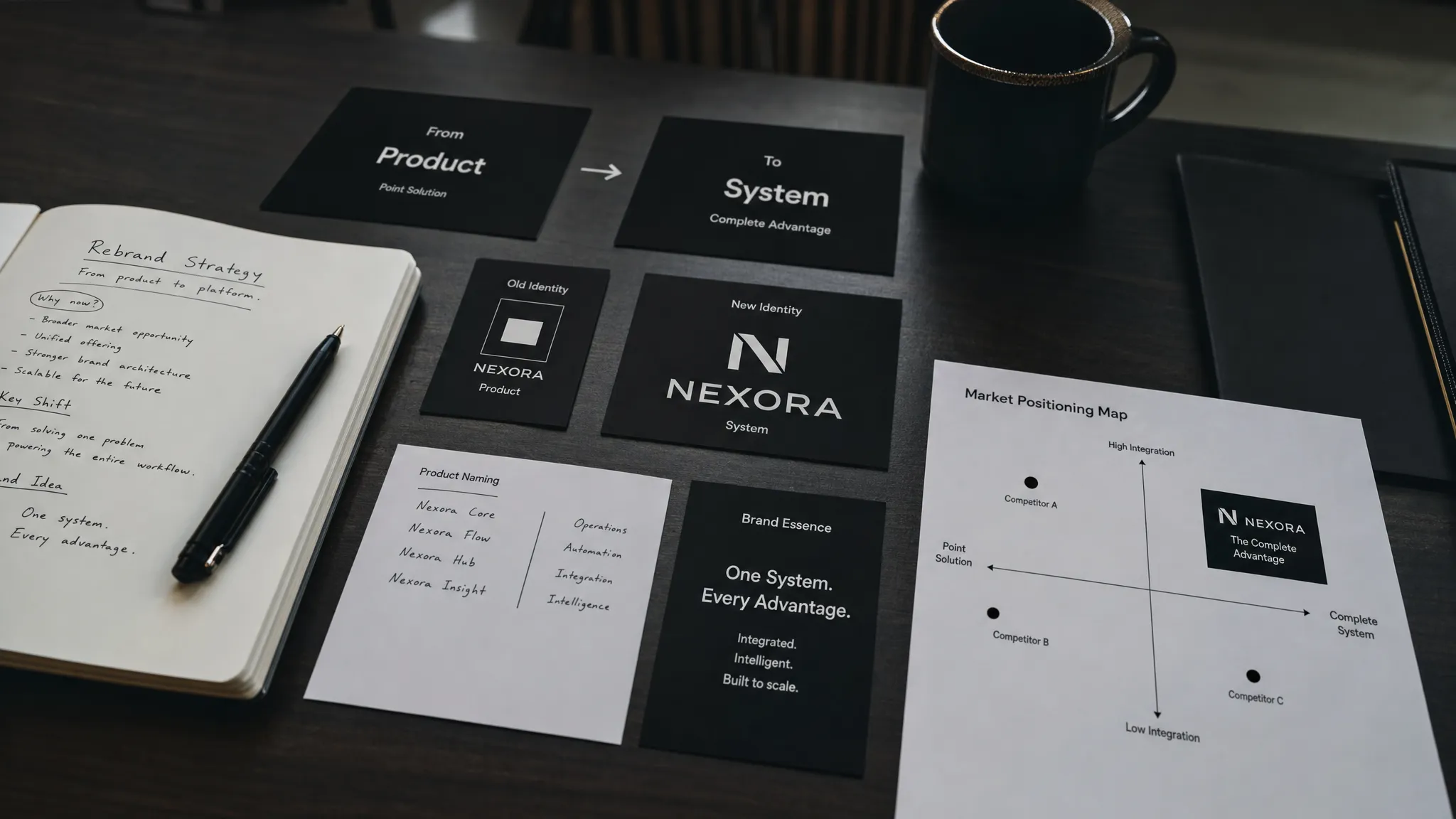 A brand strategy workspace showing identity cards, product naming notes and a market positioning map arranged on a table to represent a rebrand moving from one product to a broader company system.