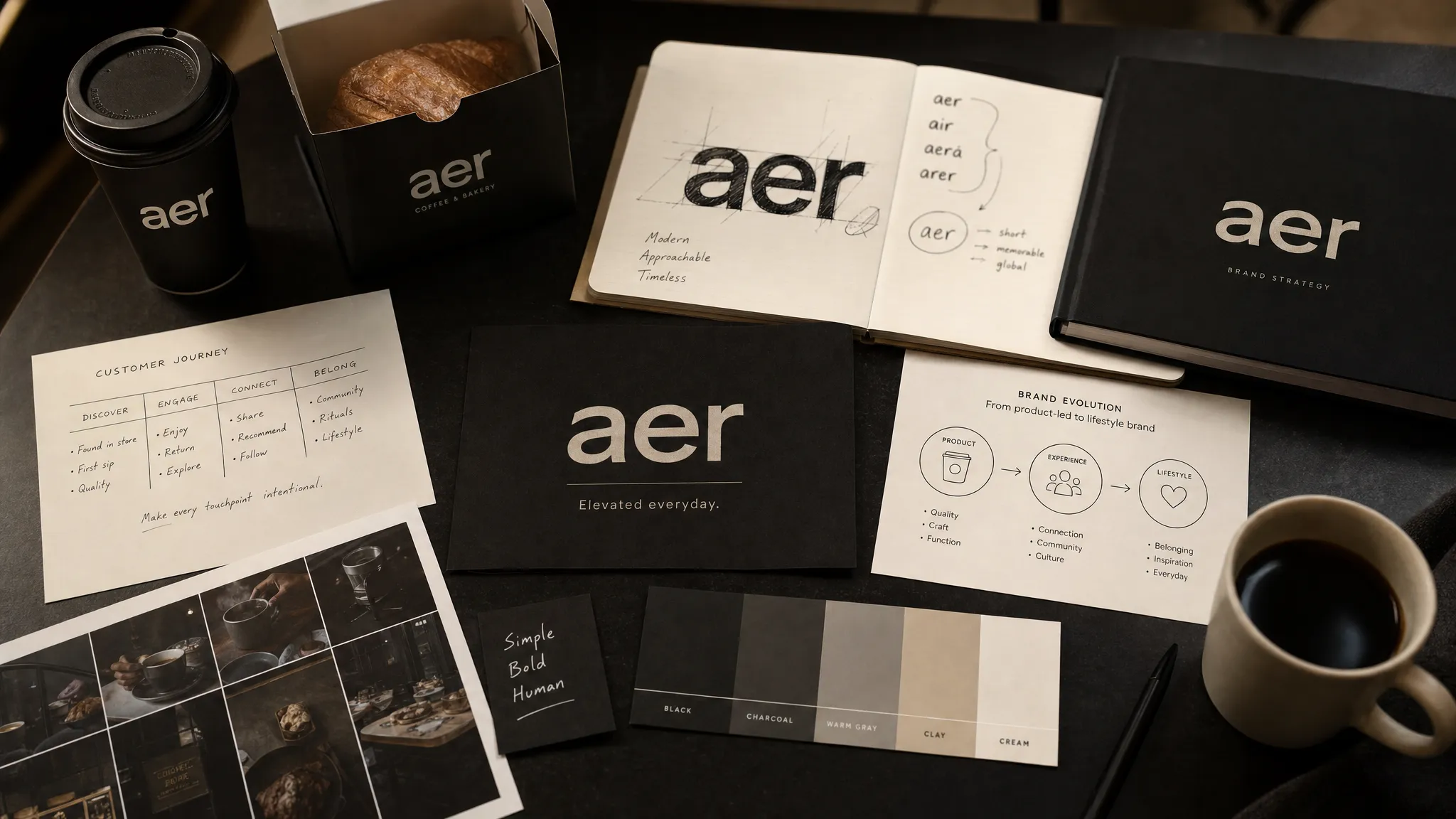 A brand strategy table showing a coffee cup, pastry box, logo sketches, customer journey notes, and color swatches arranged around a shorter brand name concept, representing a food and beverage brand evolving from a product-led identity to a broader lifestyle brand.