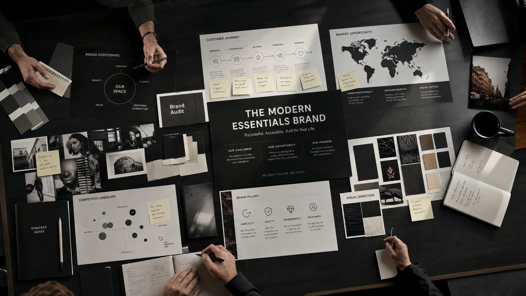 A large strategy table viewed from above with brand positioning notes, customer journey sketches, market opportunity maps and scattered color swatches arranged around a central challenger brand concept.