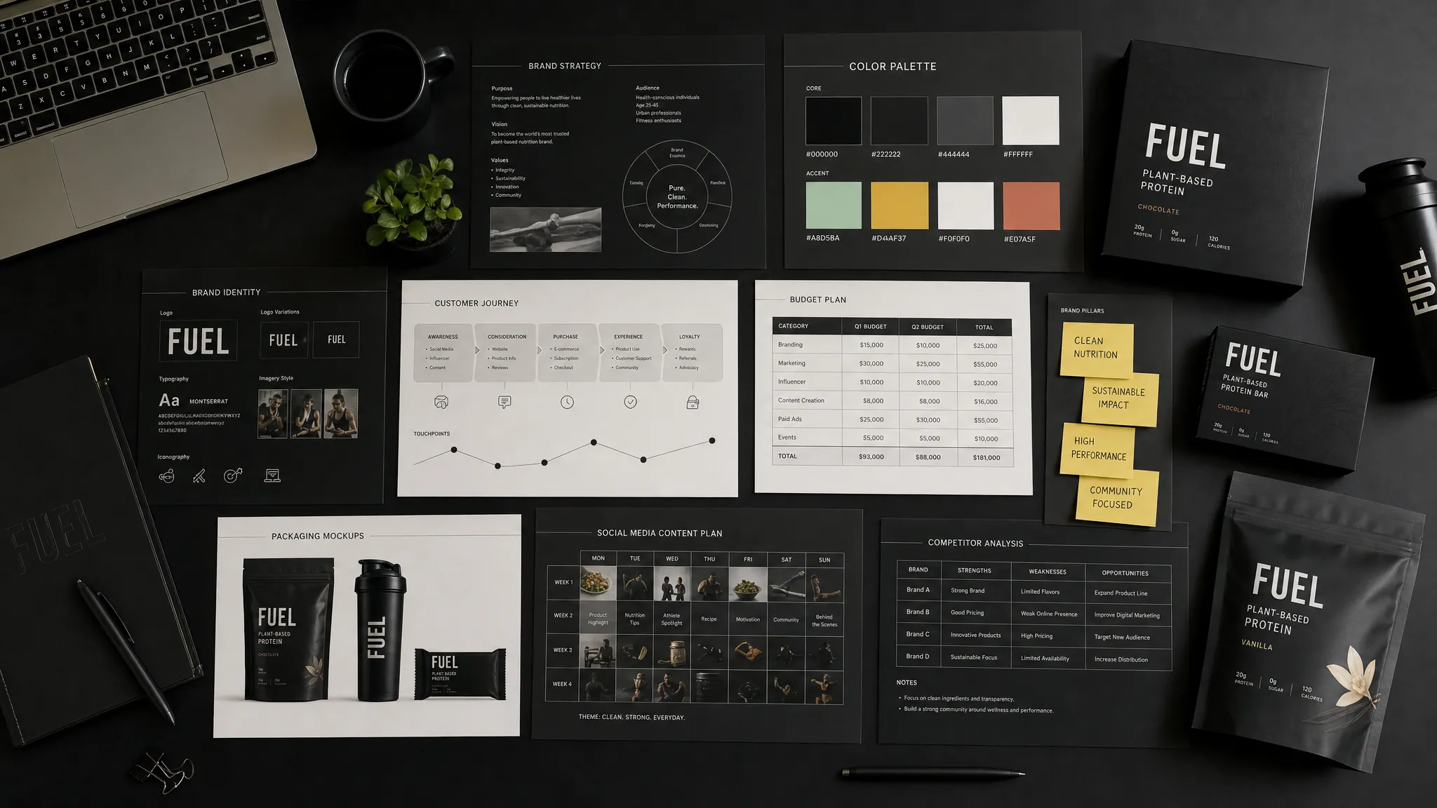 A brand planning workspace with color palettes, printed identity samples, customer journey notes, budget worksheets, and product packaging mockups arranged on a large table, shown from an overhead view with the materials spread out in an organized layout.