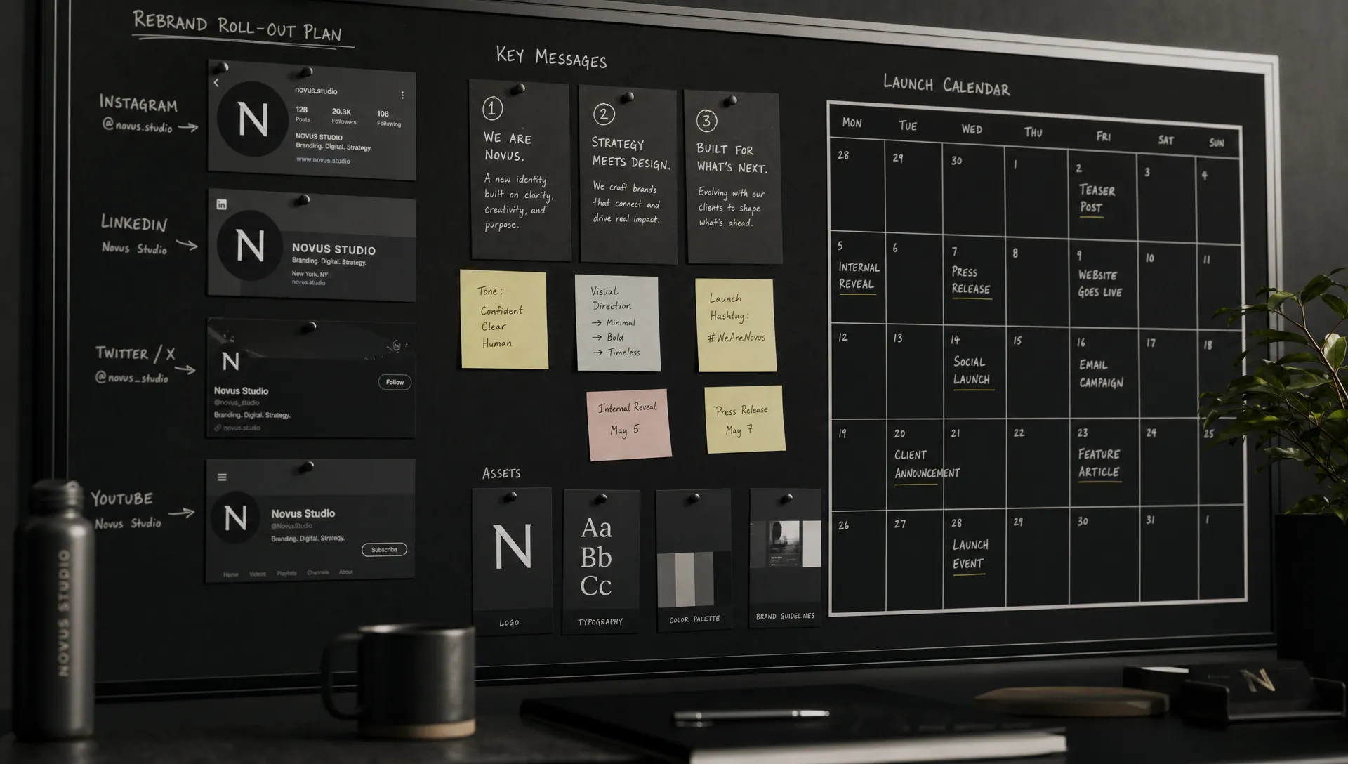 A planning wall showing social media profile cards, message notes, and a launch calendar arranged for a coordinated rebrand rollout.