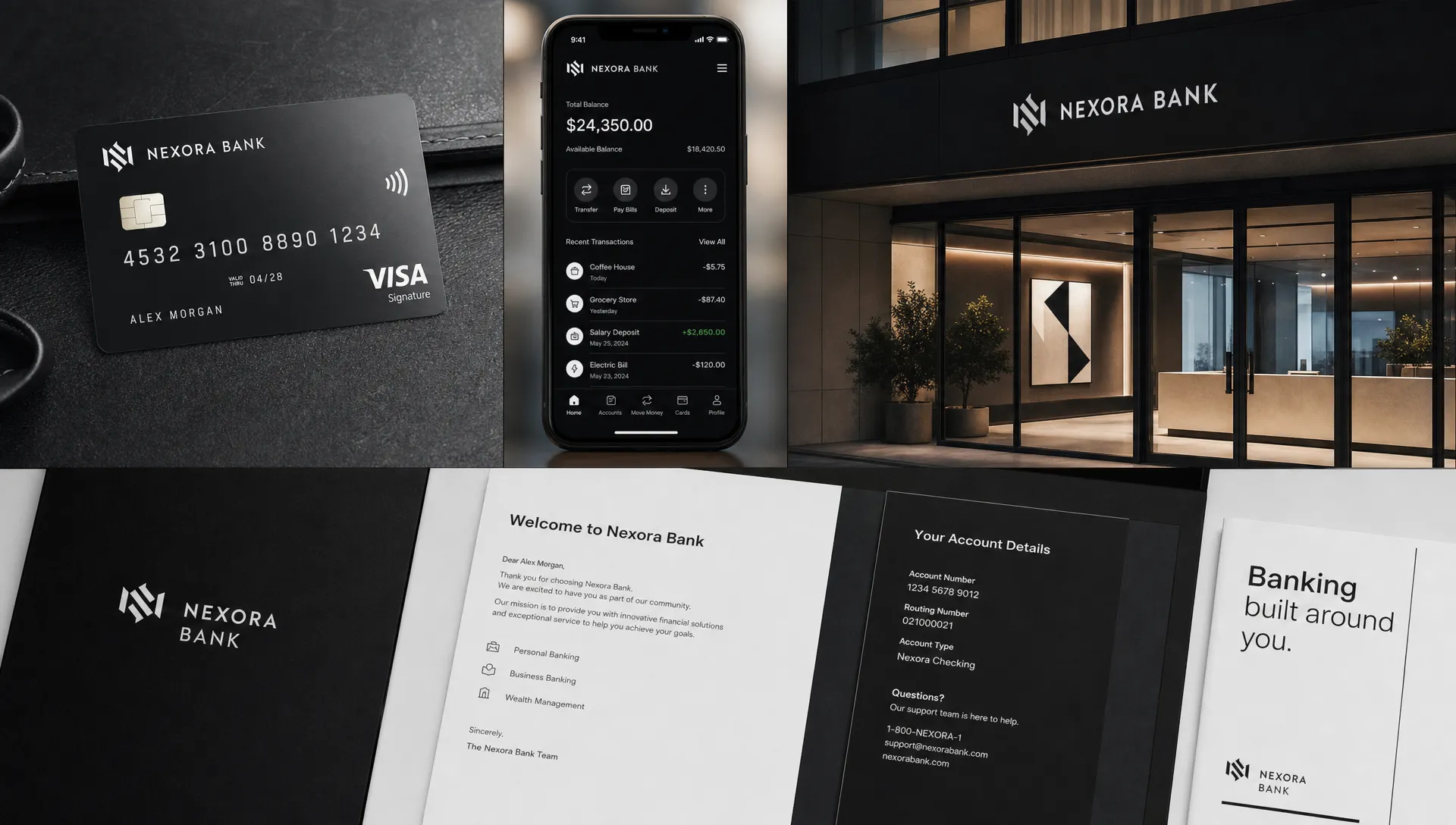 A modern financial services brand system shown across a bank card, mobile app interface, branch signage, and printed customer documents, arranged in a clean layout to communicate trust and clarity.