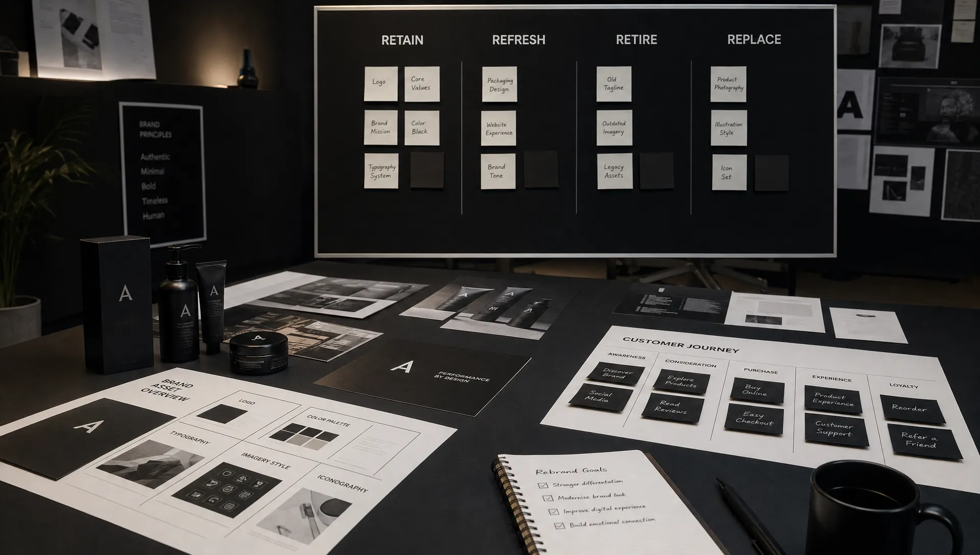A product rebranding workshop table with brand asset cards, product packaging, customer journey notes, and a board showing retain, refresh, retire, and replace decisions.