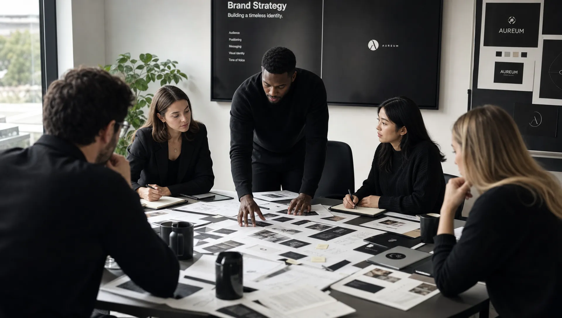 A cross-functional team in a bright strategy room reviewing brand notes, customer insights, product sketches, and printed identity concepts spread across a large table.