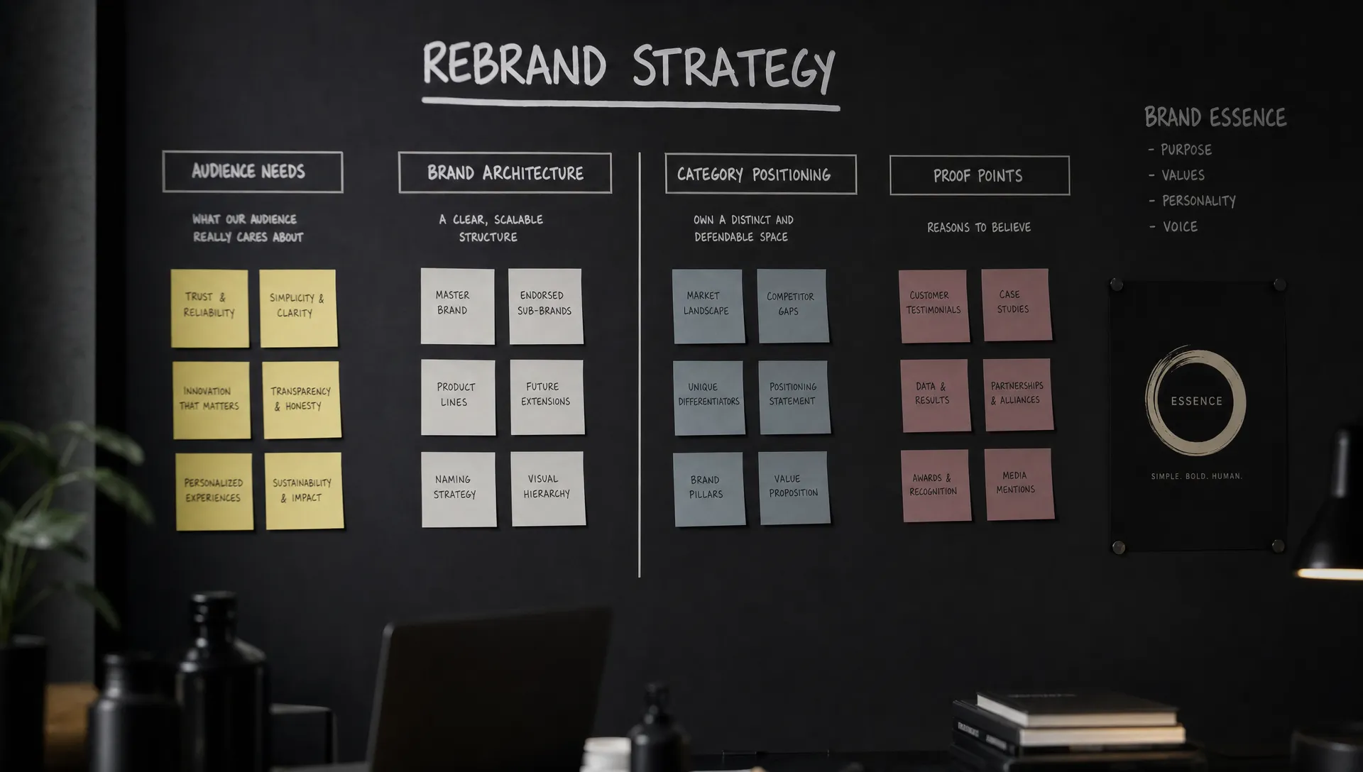 A strategic planning wall showing notes grouped into audience needs, brand architecture, category positioning, and proof points for a major rebrand.