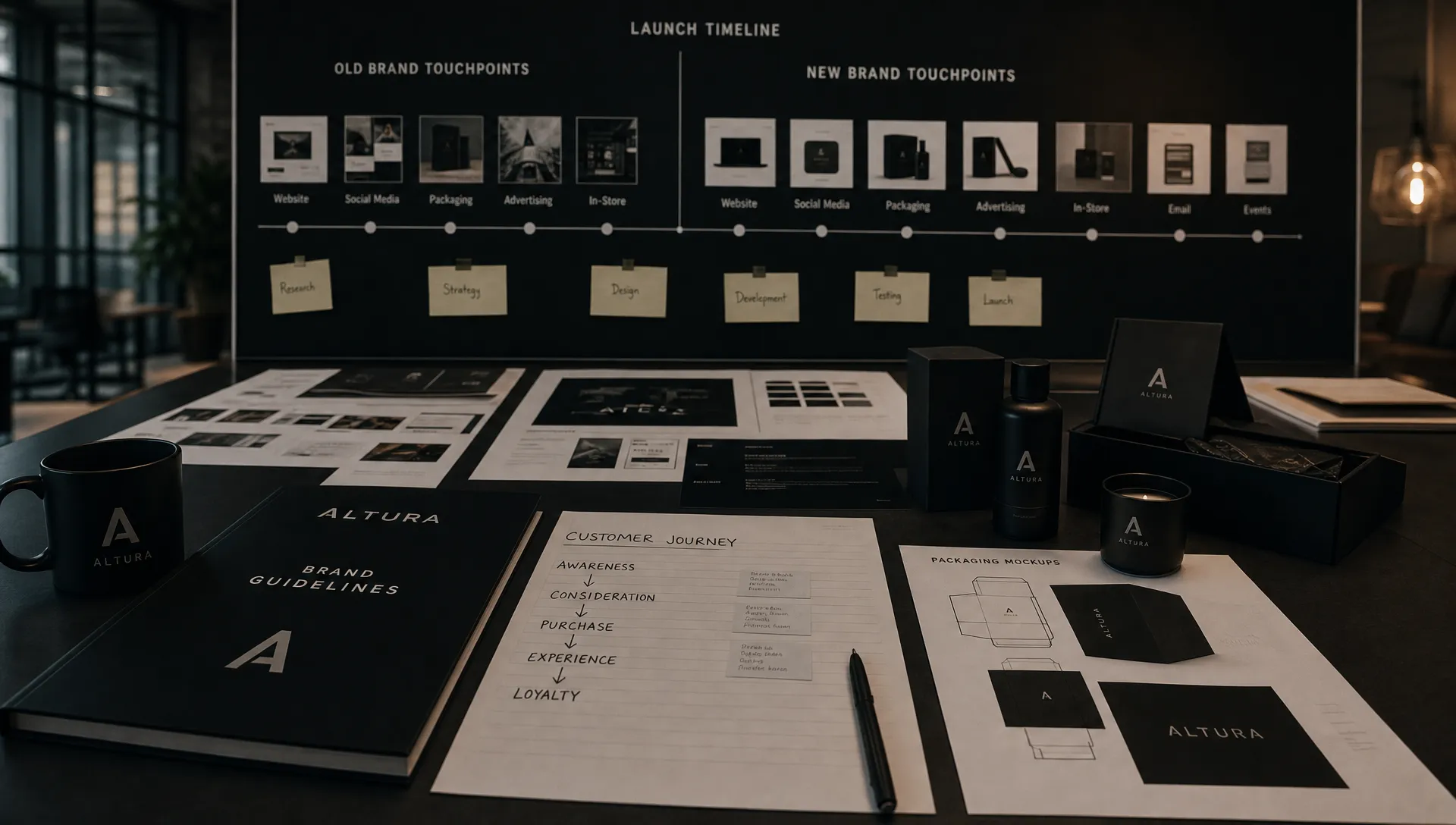 A launch planning table with printed brand guidelines, customer journey notes, packaging mockups, and a timeline board showing old and new brand touchpoints.