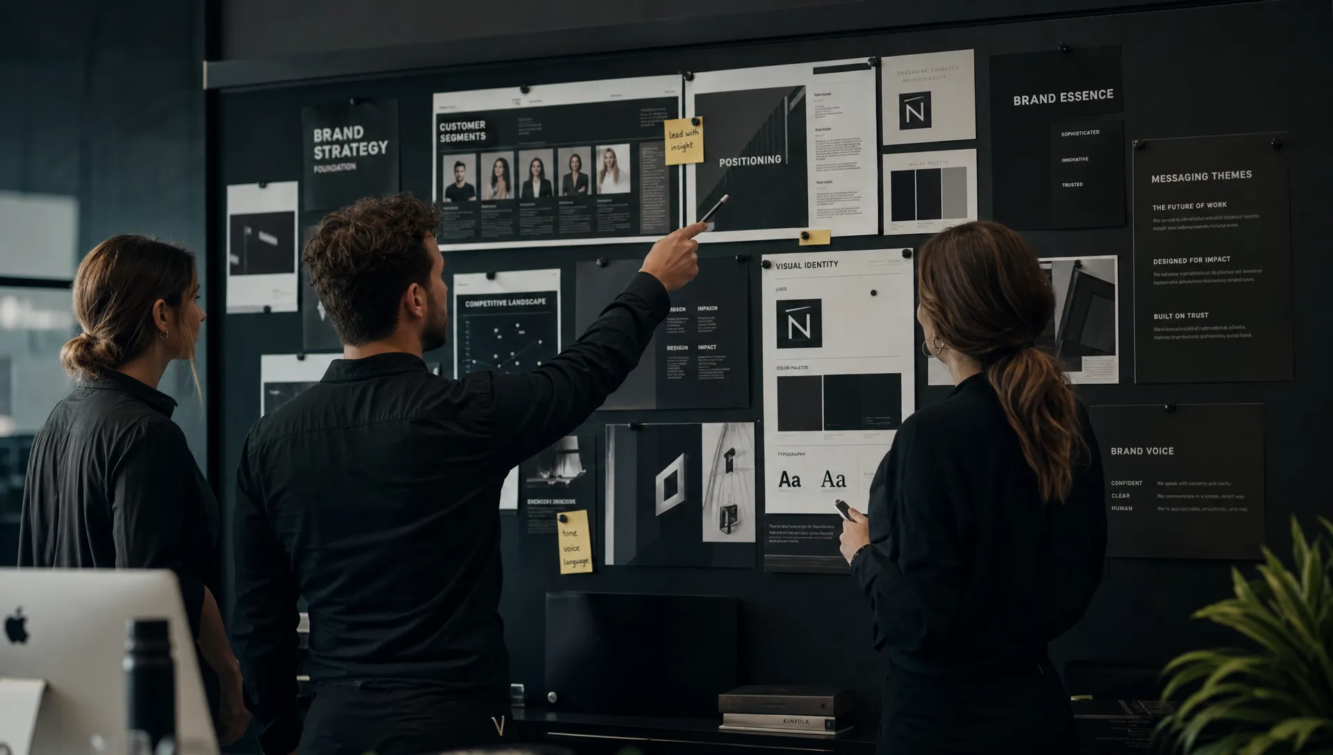 A startup team standing in front of a wall covered with brand strategy materials, including customer segments, positioning notes, messaging themes, and visual identity examples arranged in an organized workspace.