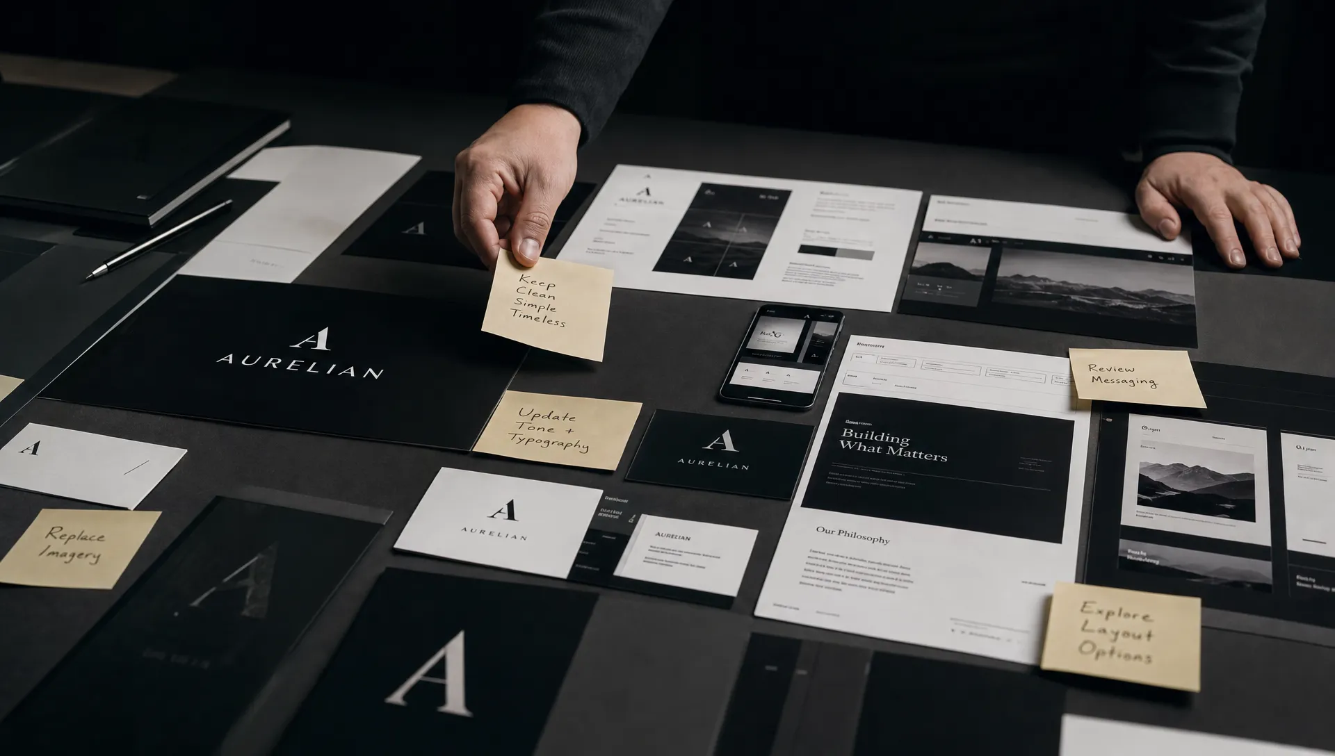 Printed identity samples, messaging notes, and website wireframes spread across a studio table to decide which brand assets should be kept, updated, or replaced.