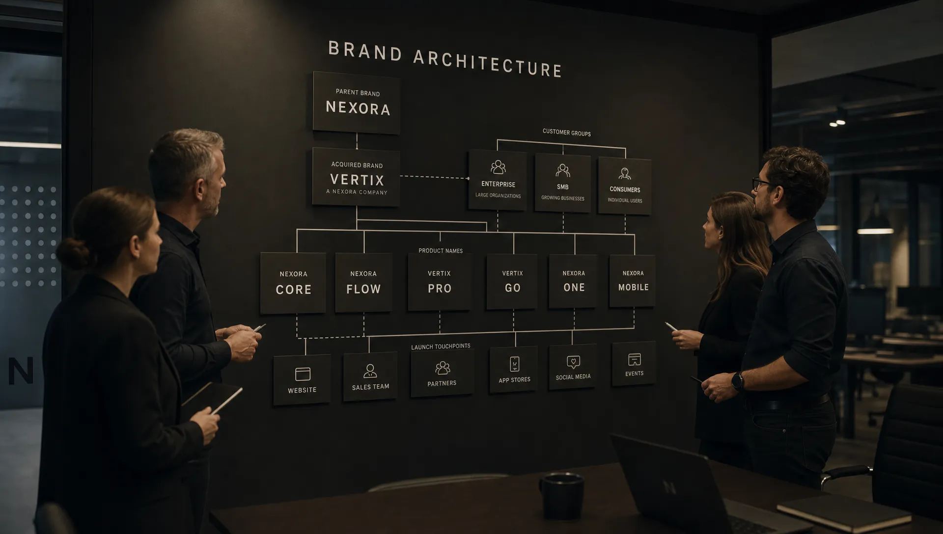 A leadership team studies brand architecture options on a large wall, with connected cards showing a parent brand, an acquired brand, customer groups, product names, and launch touchpoints.