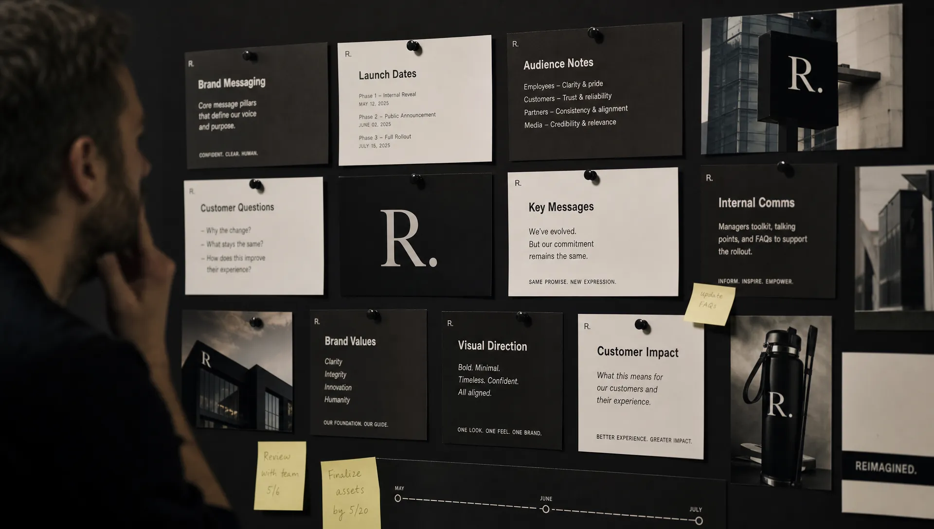 Printed brand messaging cards, launch dates, audience notes, and customer questions pinned across a planning wall, showing an organized rebrand communication session.
