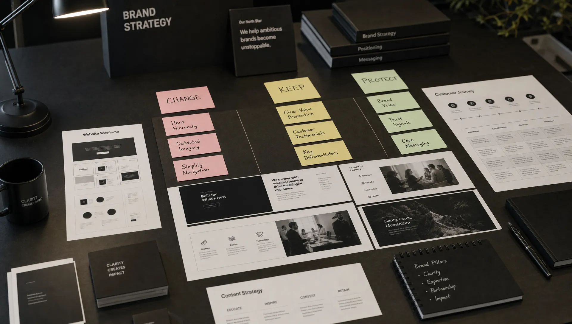 A brand strategy workspace with printed website wireframes, customer journey notes, content cards, and sticky labels grouping website elements into change, keep, and protect categories.