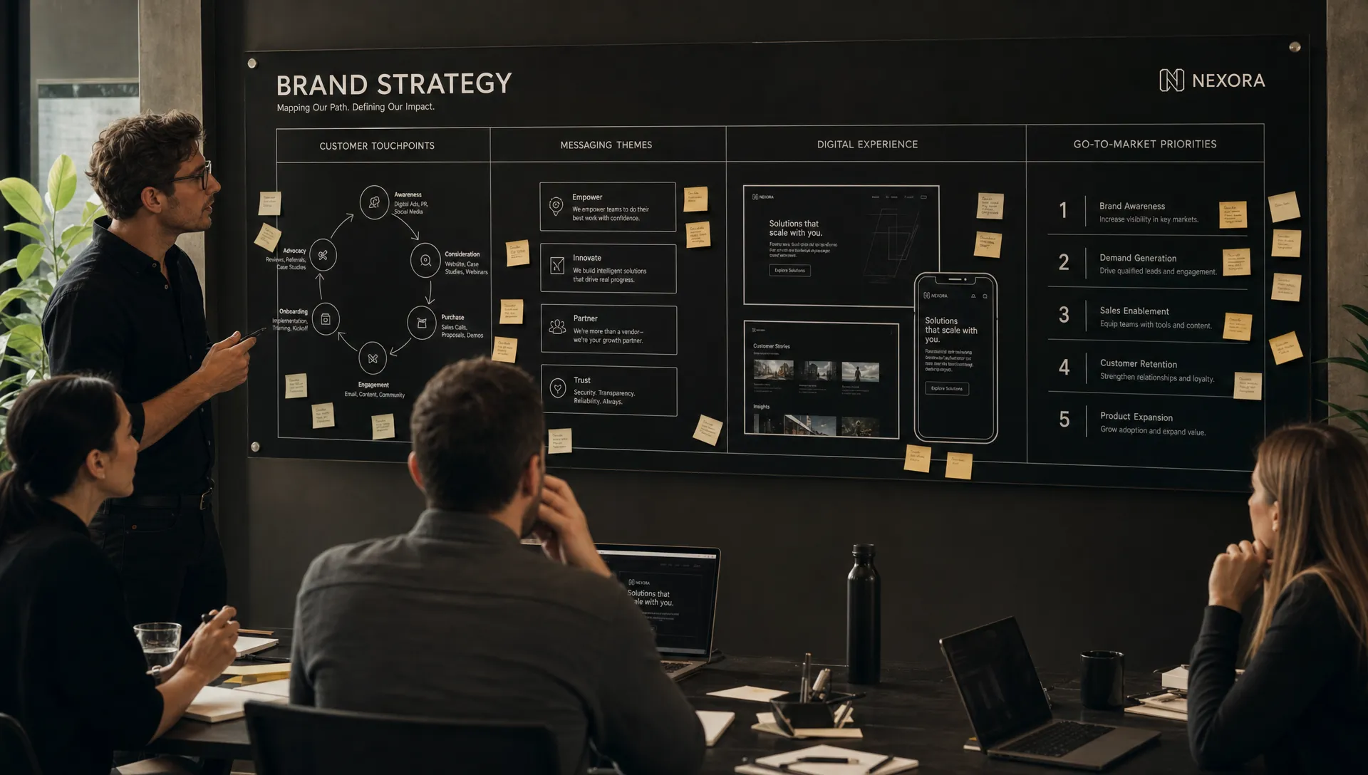 A collaborative brand strategy session with a team mapping customer touchpoints, messaging themes, digital experience, and go-to-market priorities on a large wall display in a workshop room.