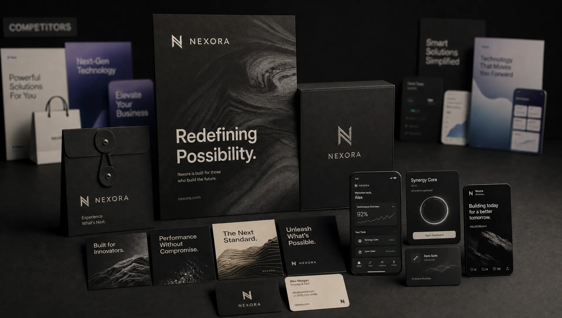 A challenger brand identity system displayed across packaging, campaign posters, app interface cards, and social content, arranged on a dark studio tabletop with the brand pieces grouped in the center and the similar competitor materials pushed into the background.