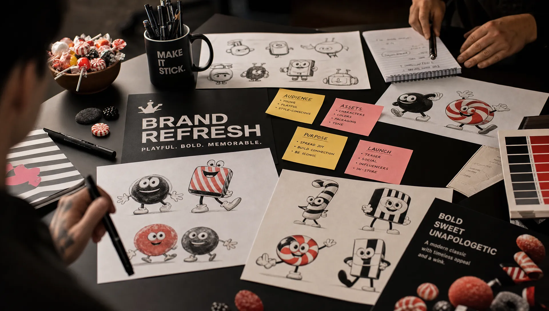 A branding workshop table with candy-inspired character sketches, color swatches, sticky notes labeled audience, assets, purpose, and launch, showing how a playful consumer brand plans a strategic refresh.