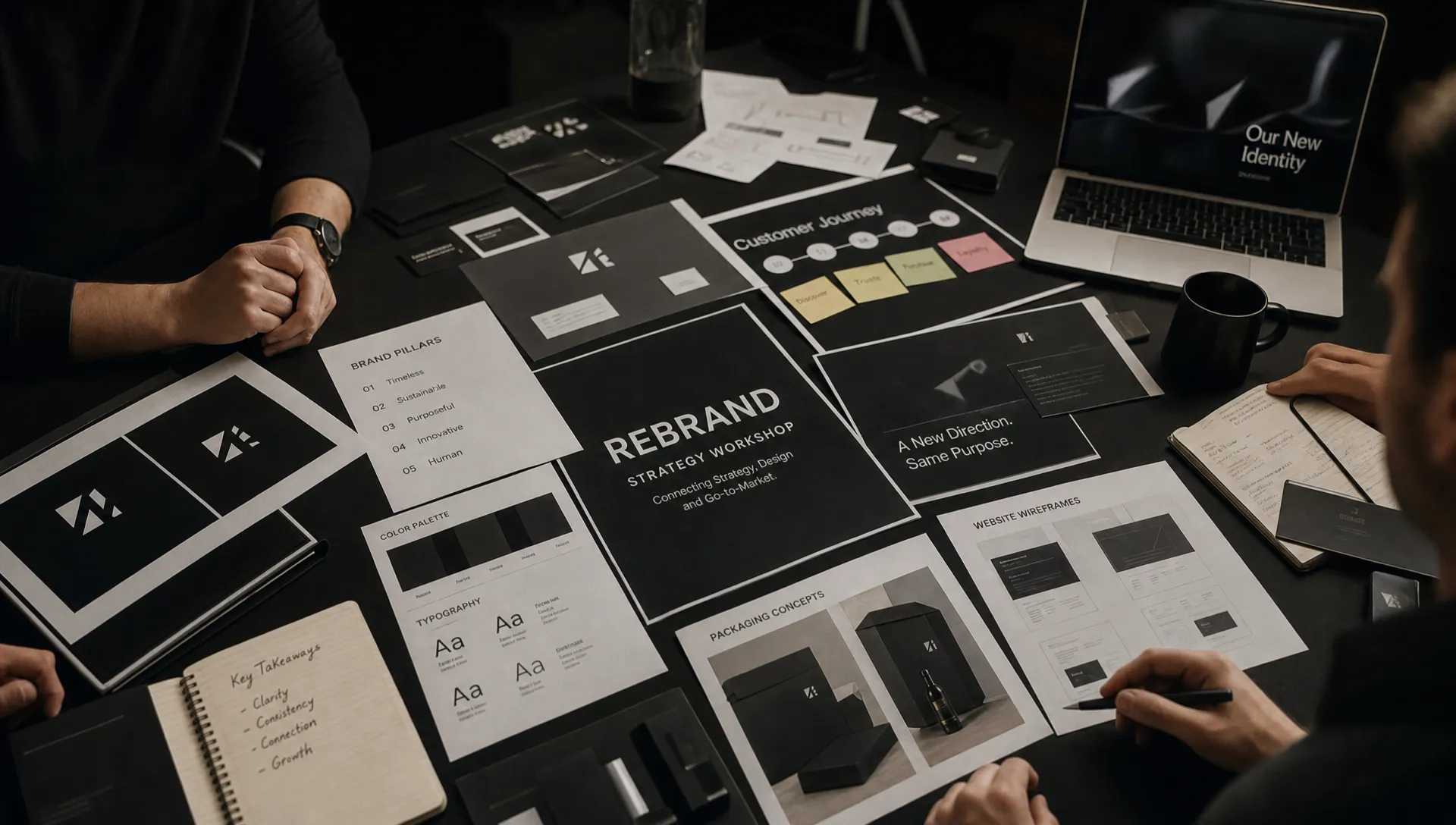 A brand strategy workshop table with printed identity concepts, customer journey notes, packaging samples, and website wireframe sketches spread across a dark studio surface to show how a rebrand connects strategy, design, and go-to-market execution.