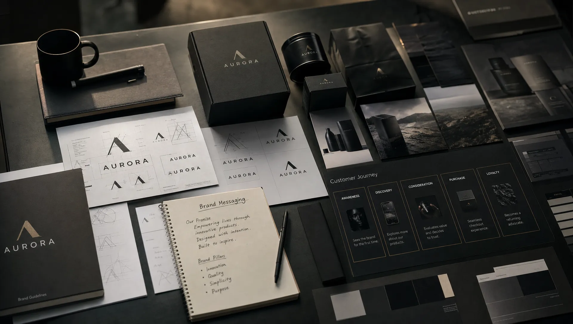 A brand strategy workspace with printed logo sketches, messaging notes, customer journey cards, and packaging mockups arranged across a table.