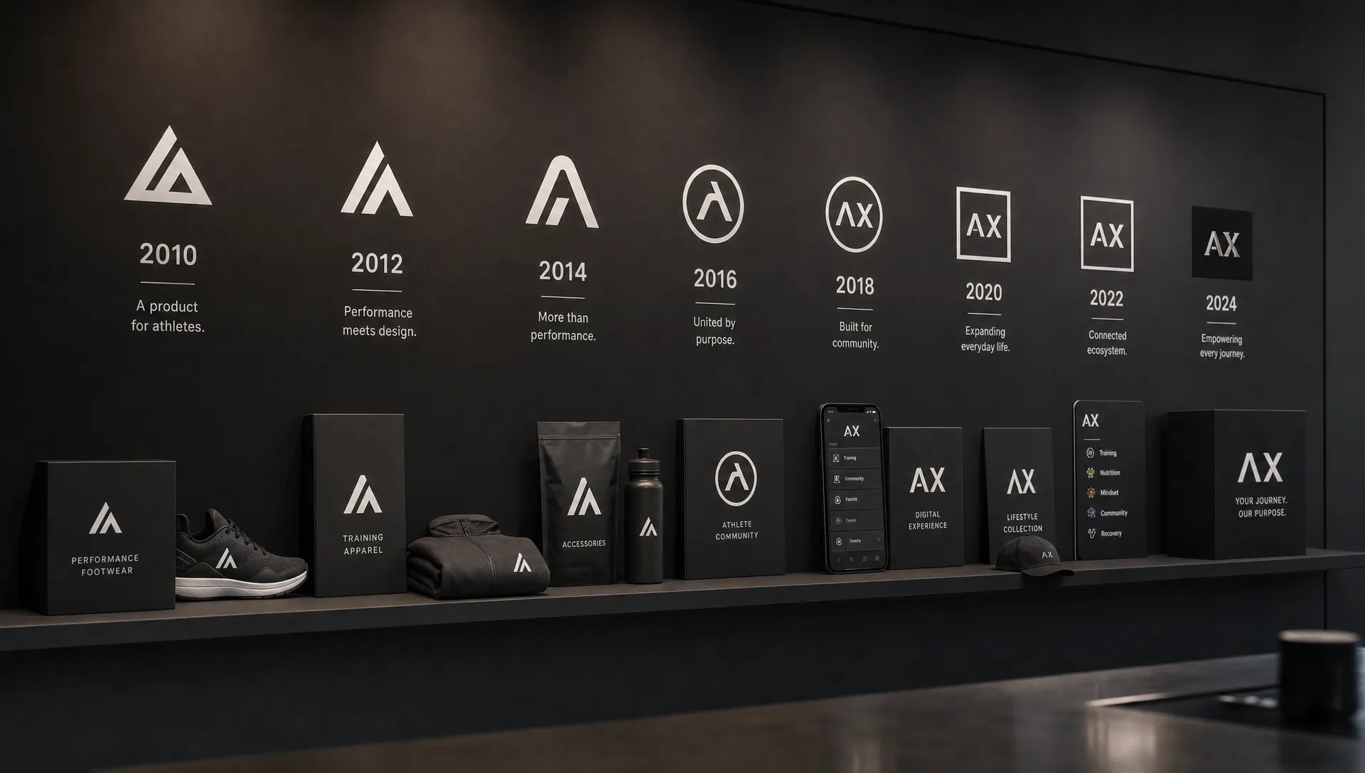 A wall of evolving brand symbols and packaging elements arranged as a sequence of identity shifts, showing how a company can move from a narrow product focus to a broader lifestyle and service ecosystem.