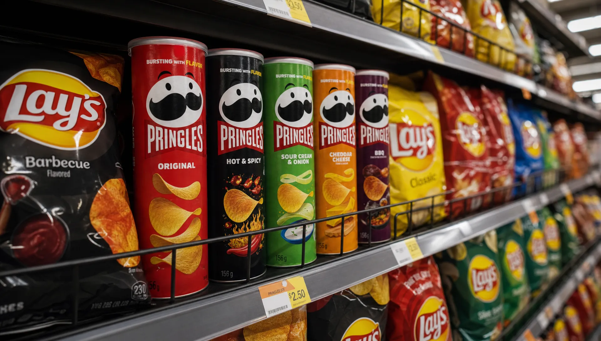 A colorful supermarket snack aisle with cylindrical crisp cans standing out among bags of chips, showing how distinctive packaging and familiar brand assets help shoppers recognize a product quickly.