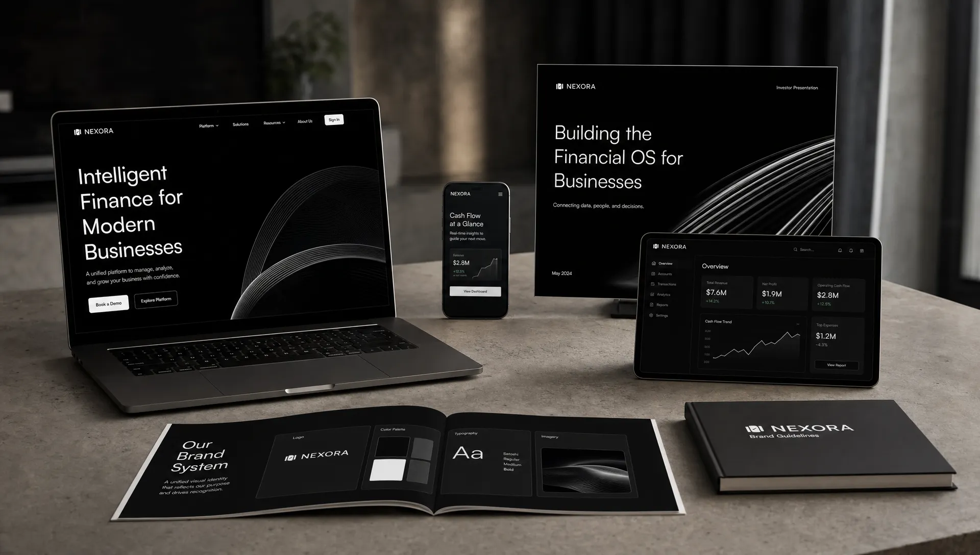 A modern B2B brand system spread across a laptop, phone, presentation deck, product interface, and printed brand guidelines, arranged on a large table in a quiet studio setting with the screens facing the camera.