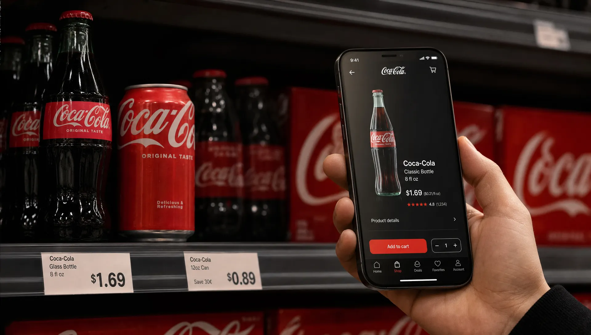 A classic glass cola bottle, a red can, shelf price tags, and a mobile shopping screen arranged together to show one recognizable beverage brand system across retail and digital touchpoints.