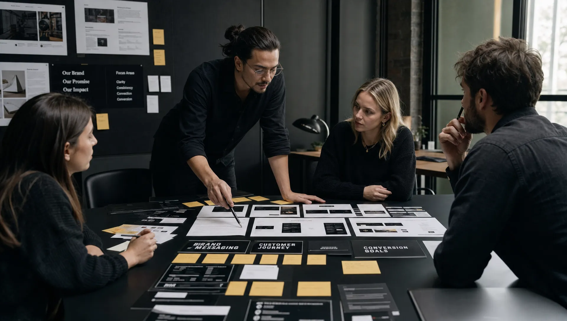 A strategy team reviewing website wireframes, brand messaging notes, customer journey cards, and conversion goals on a studio table during a rebranding workshop.