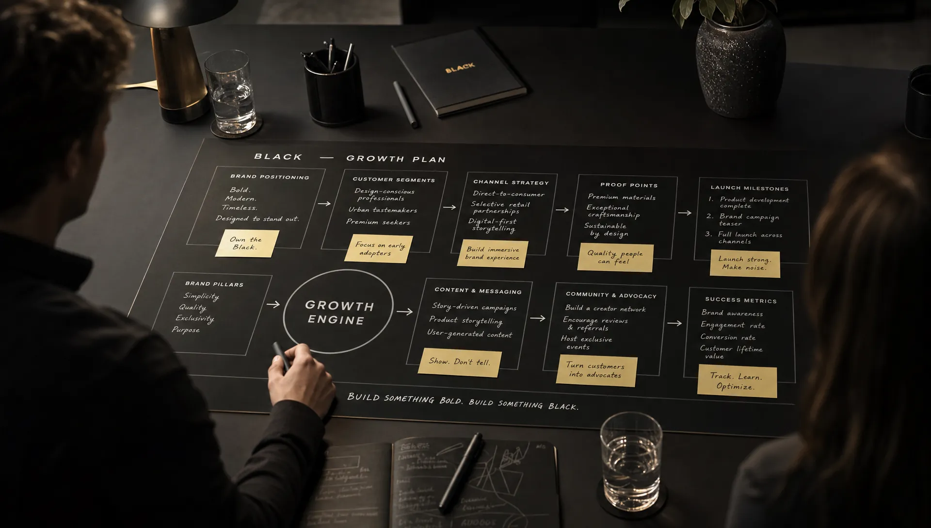 A large table holds brand positioning notes, customer segments, channel ideas, proof points, and launch milestones connected into one growth plan.