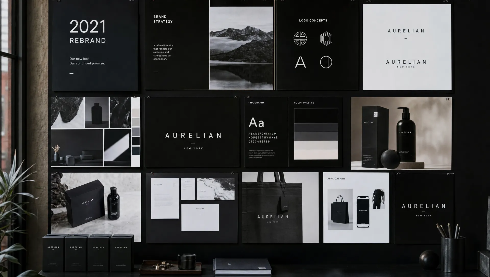 A studio wall of brand boards, packaging mockups, and refreshed logo concepts shows how 2021 rebrands work across touchpoints.
