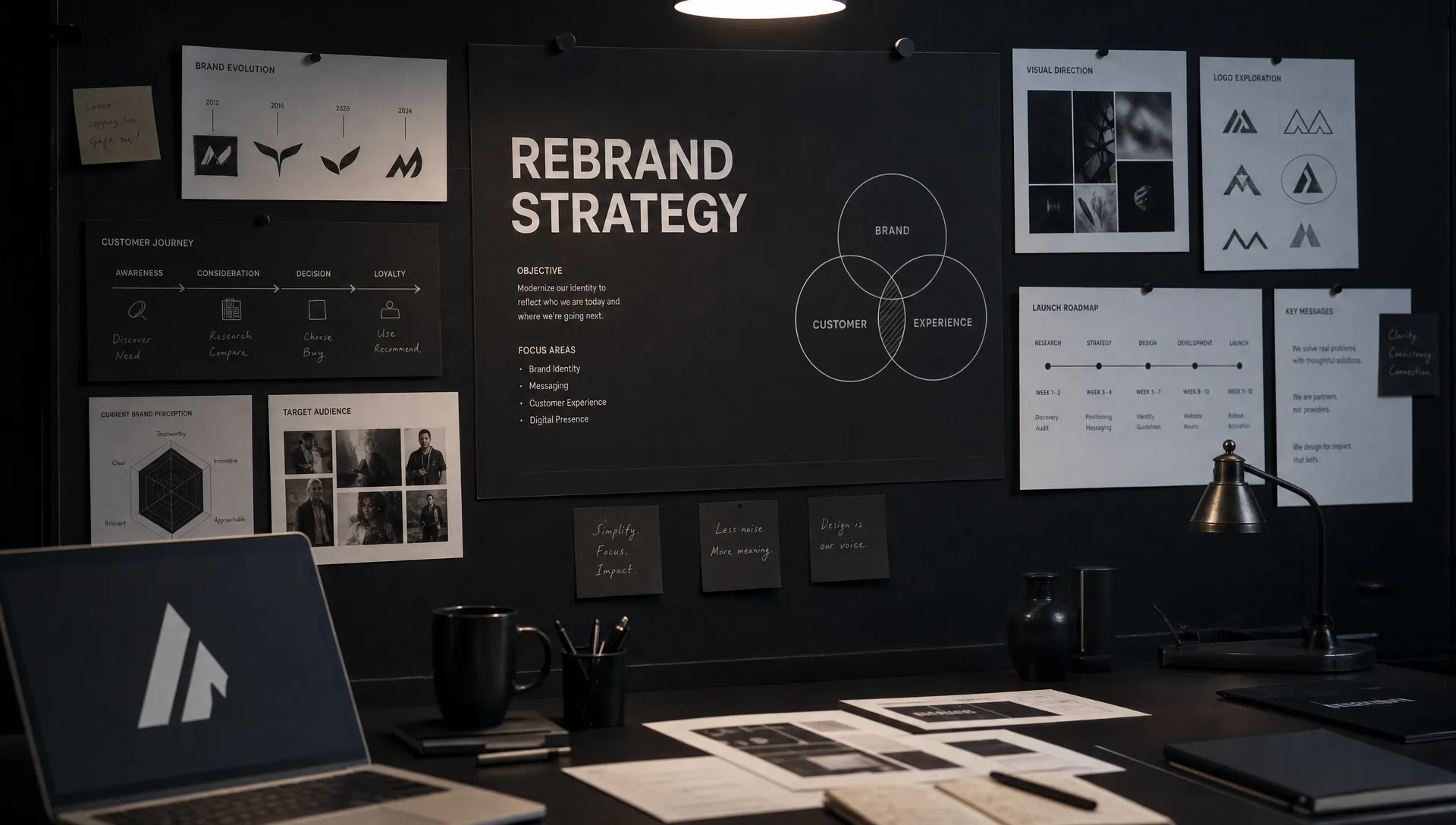 A dark strategy workspace with blank boards, customer journey sketches and launch milestones arranged around a rebrand plan.