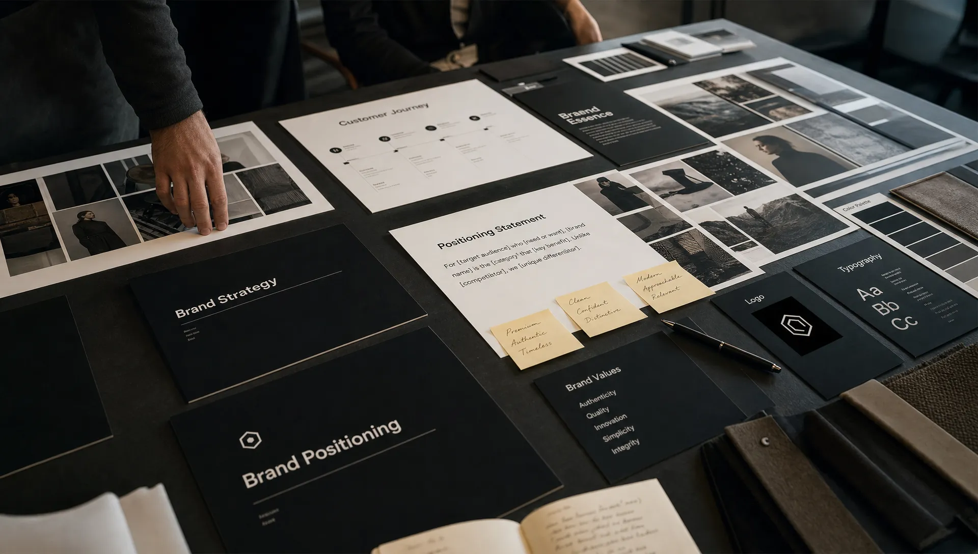 A brand strategy table with moodboards, customer journey notes, swatches and positioning statements laid out for proactive rebranding.
