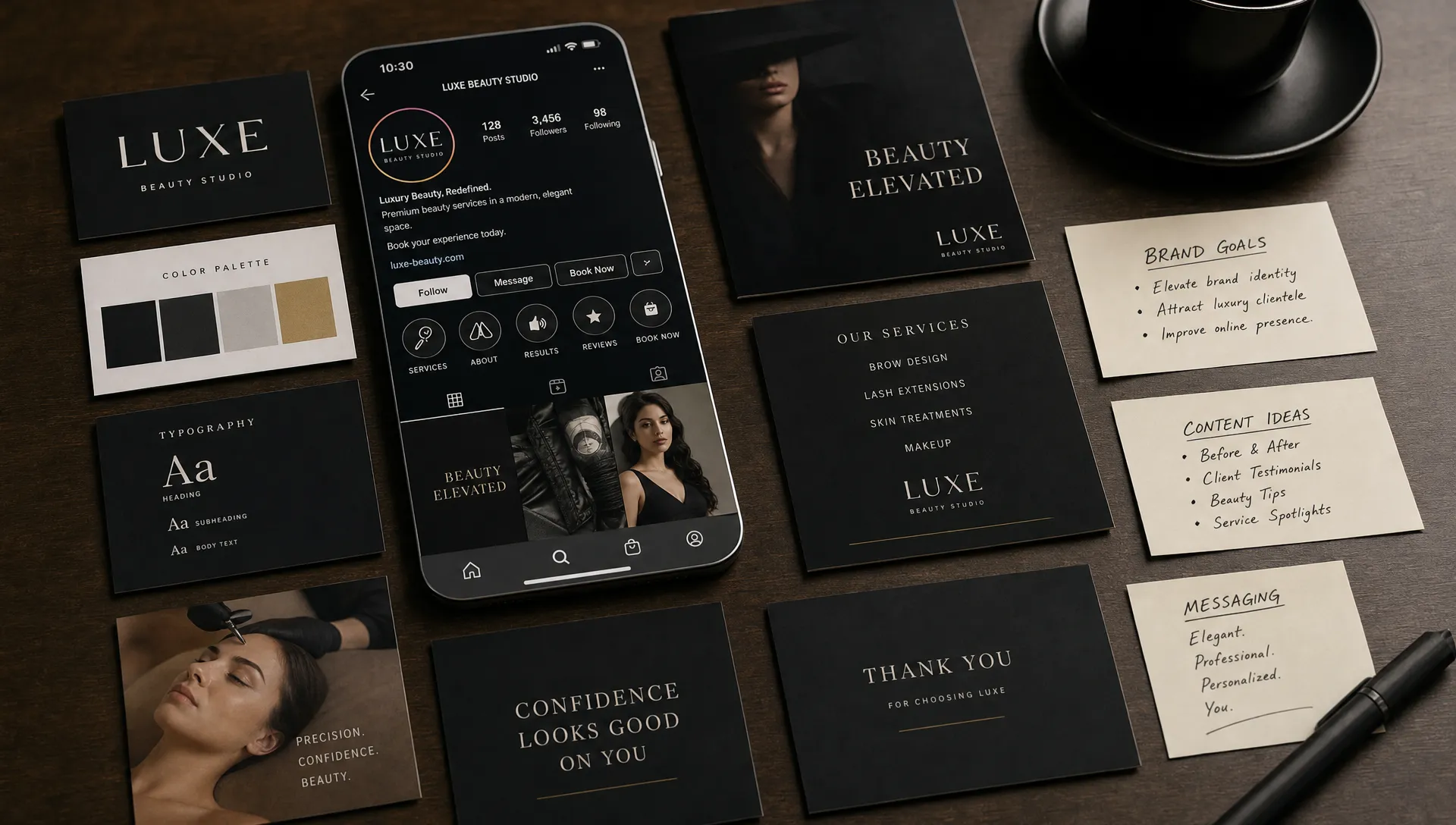 Printed Instagram profile mockups, content cards and messaging notes are arranged on a table for a rebrand plan.