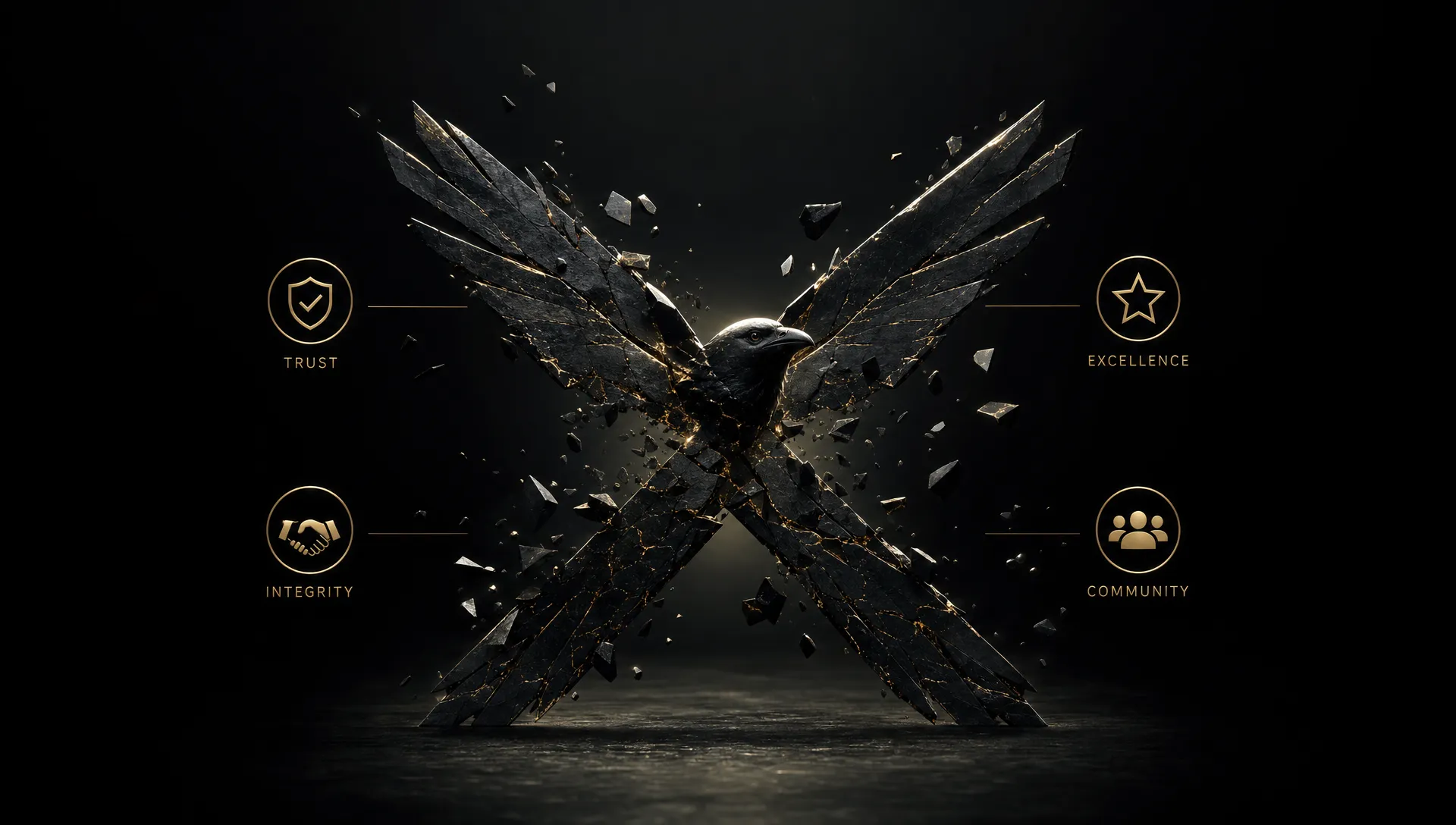 A bird emblem breaking into an X shape with trust and category markers around it.