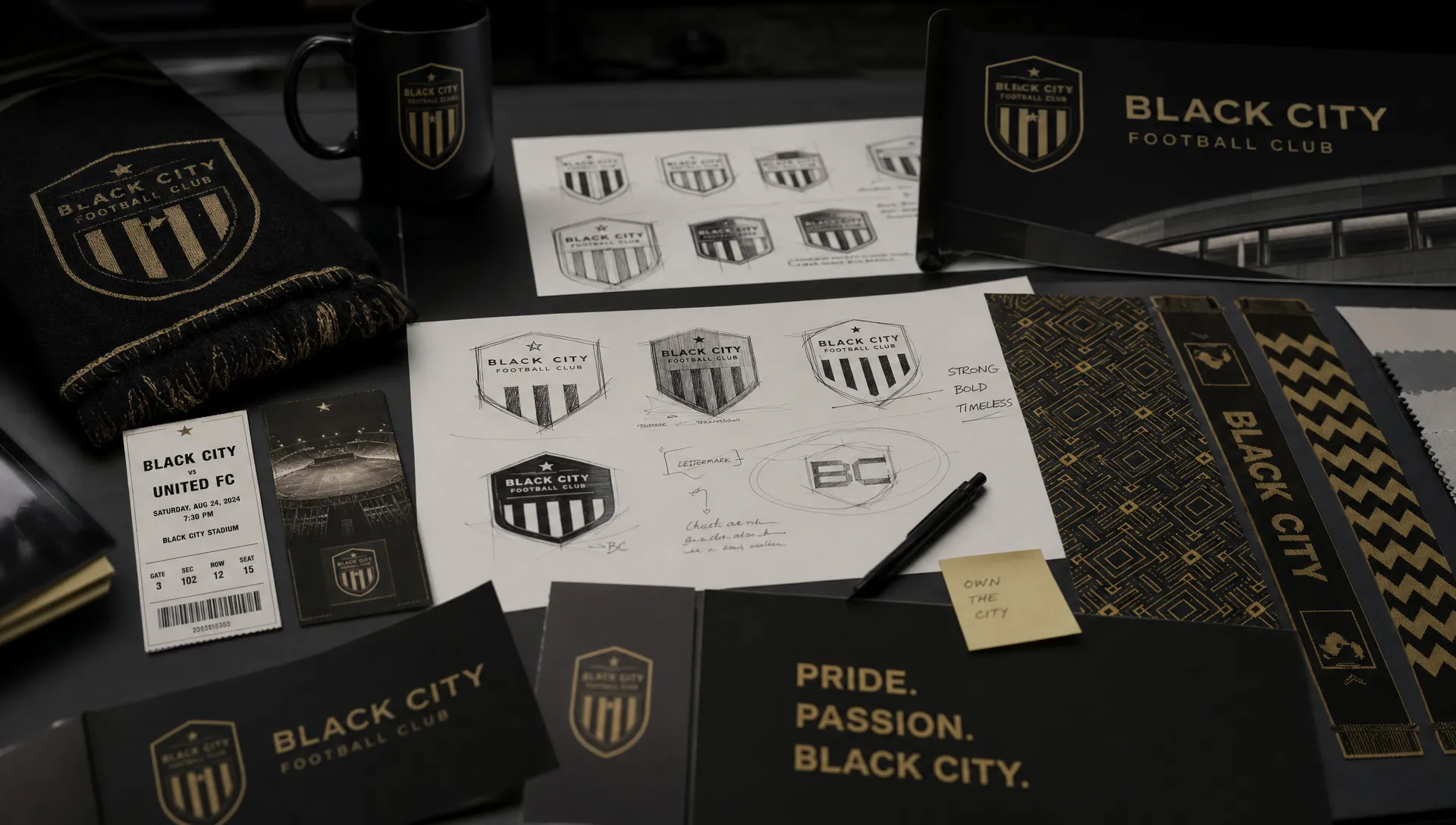 A sports branding table shows crest sketches, scarf patterns, ticket layouts and sponsor signage concepts spread across the surface.