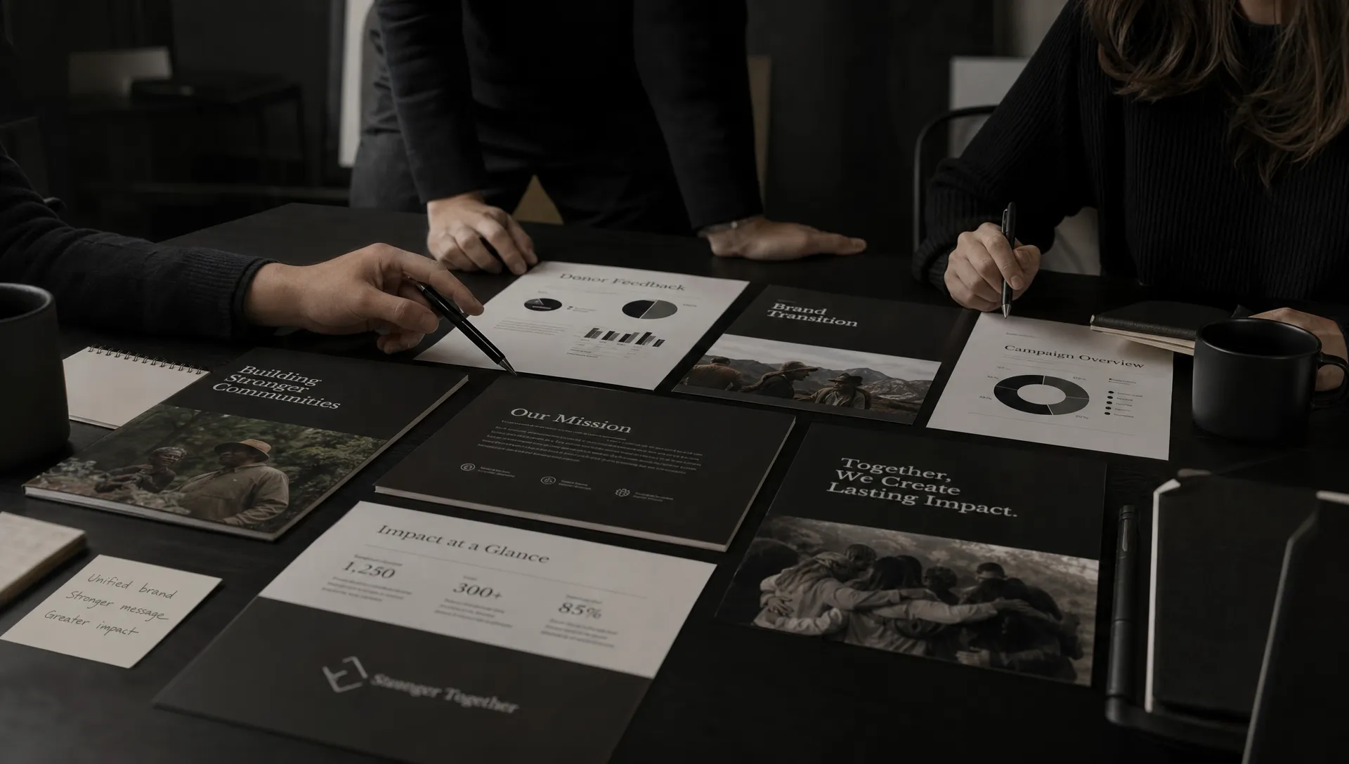 Printed donor feedback, mission statements and campaign materials are spread across a table as a nonprofit team plans a brand transition.