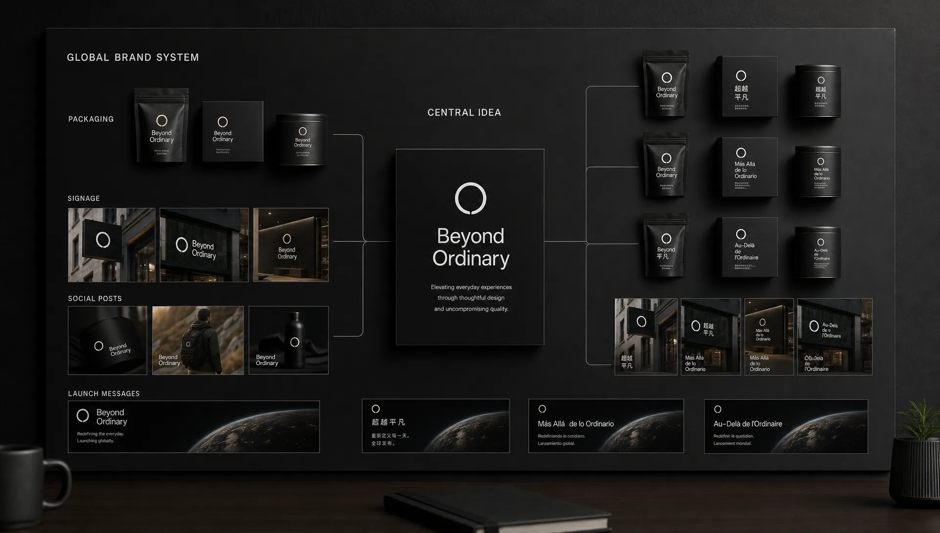 A global brand system board shows one central idea connected to localized packaging, signage, social posts and launch messages in different languages.