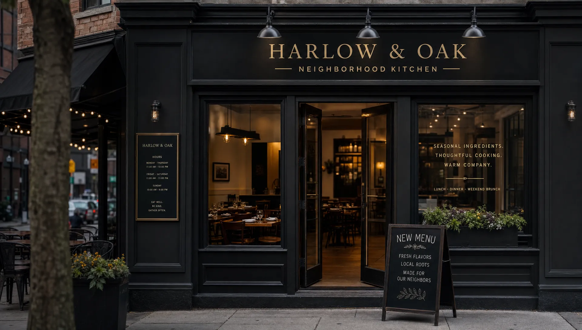 A neighborhood restaurant entrance with a refreshed sign, familiar tables inside and updated menu and window details.