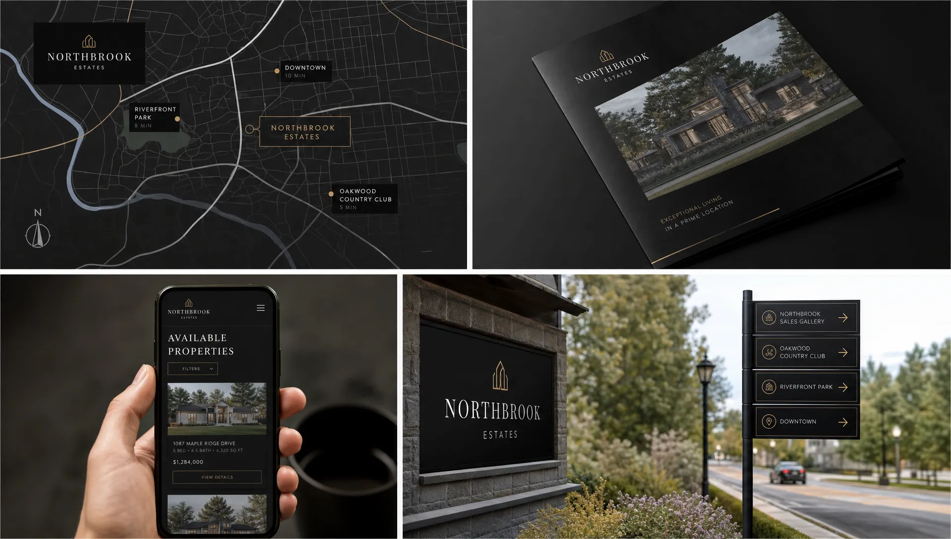 A real estate brand system spans a neighborhood map, property brochure, mobile listing page, and exterior signage with clear local wayfinding.
