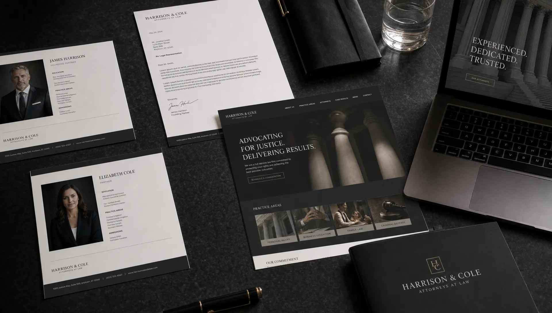 Attorney profile pages, letterhead, and a law firm homepage are laid out on a desk as part of a rebrand review.