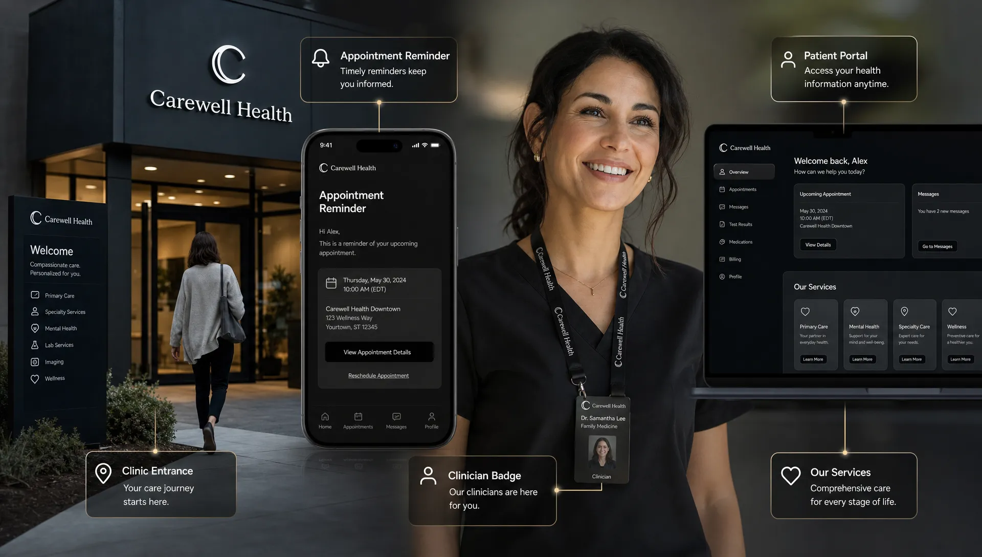A clinic entrance, appointment reminder, patient portal, clinician badge, and service page are shown as connected healthcare touchpoints.