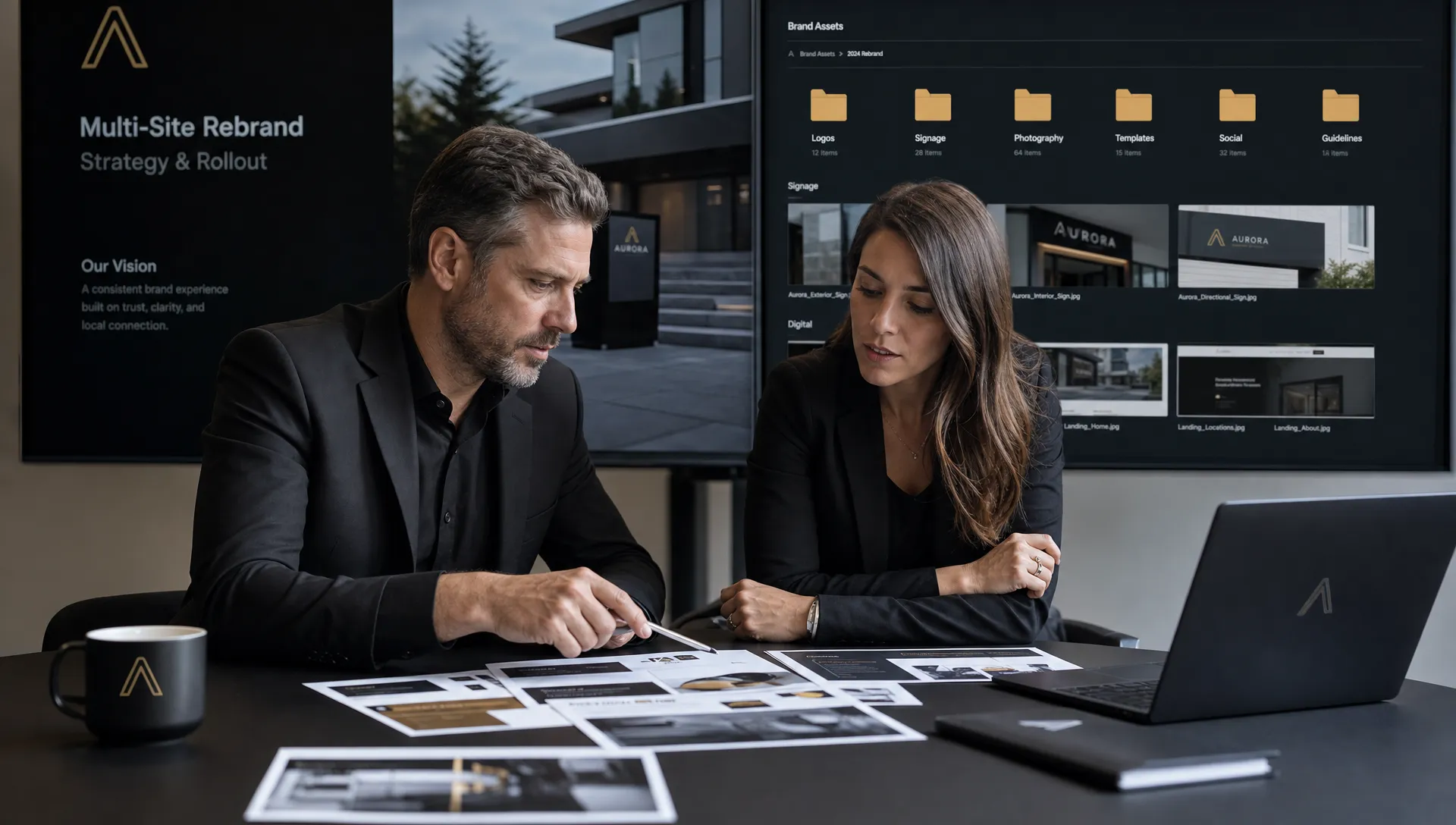 A branch manager and brand lead review signage, landing pages and asset folders during a multi-site rebrand.