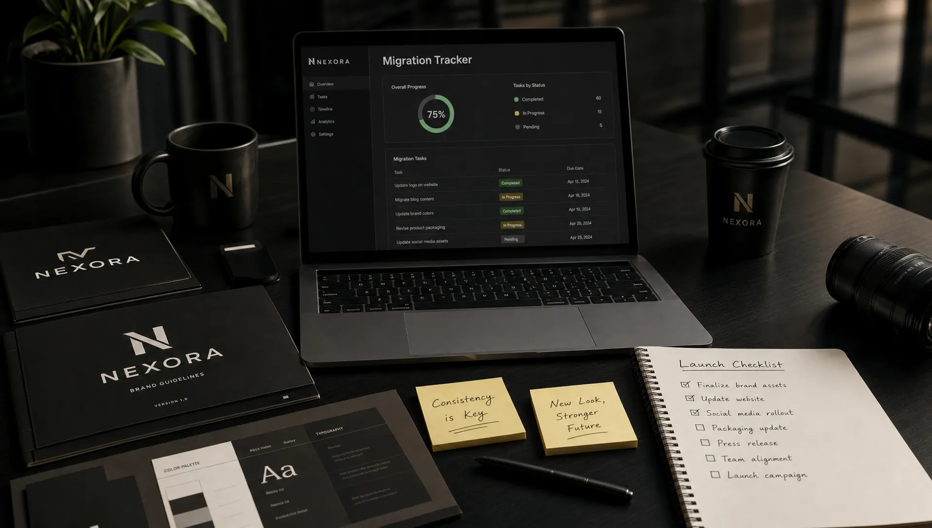 Printed brand assets, a launch checklist, sticky notes, and a laptop showing a migration tracker on a rebrand worktable.