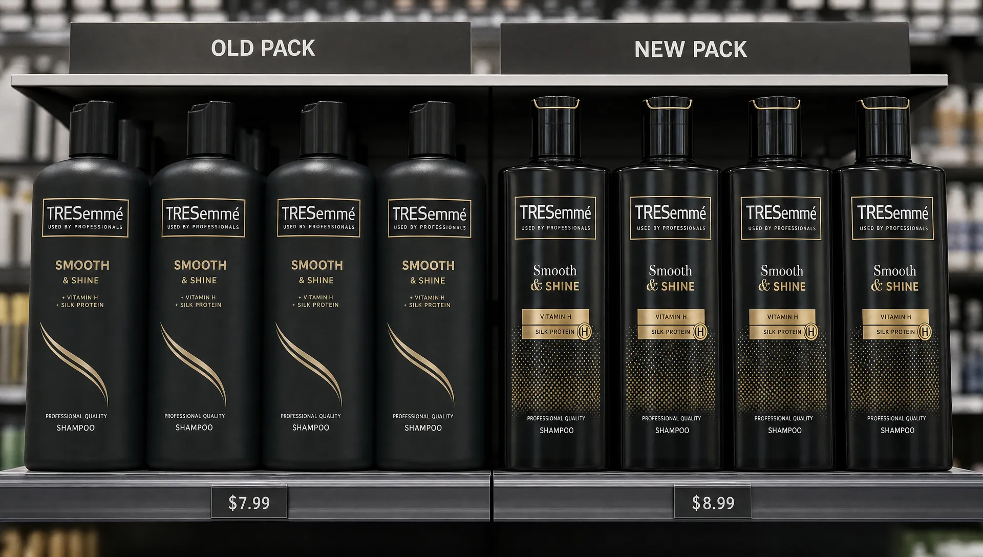 A supermarket shelf shows old and new packs side by side, making color blocks, logo placement and variant cues easy to compare.