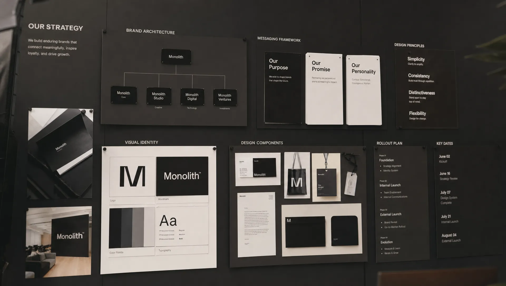 A strategy wall with brand architecture maps, messaging cards, design components and rollout notes shows how a corporate design agency organizes identity decisions.