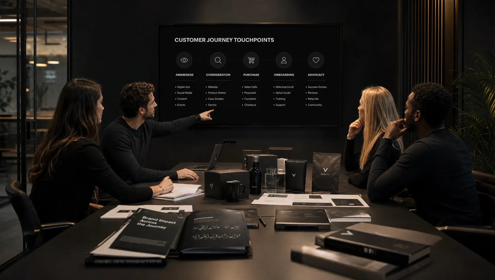 A team reviews customer journey touchpoints, sales materials and product packaging to understand branding impact across the go-to-market system.